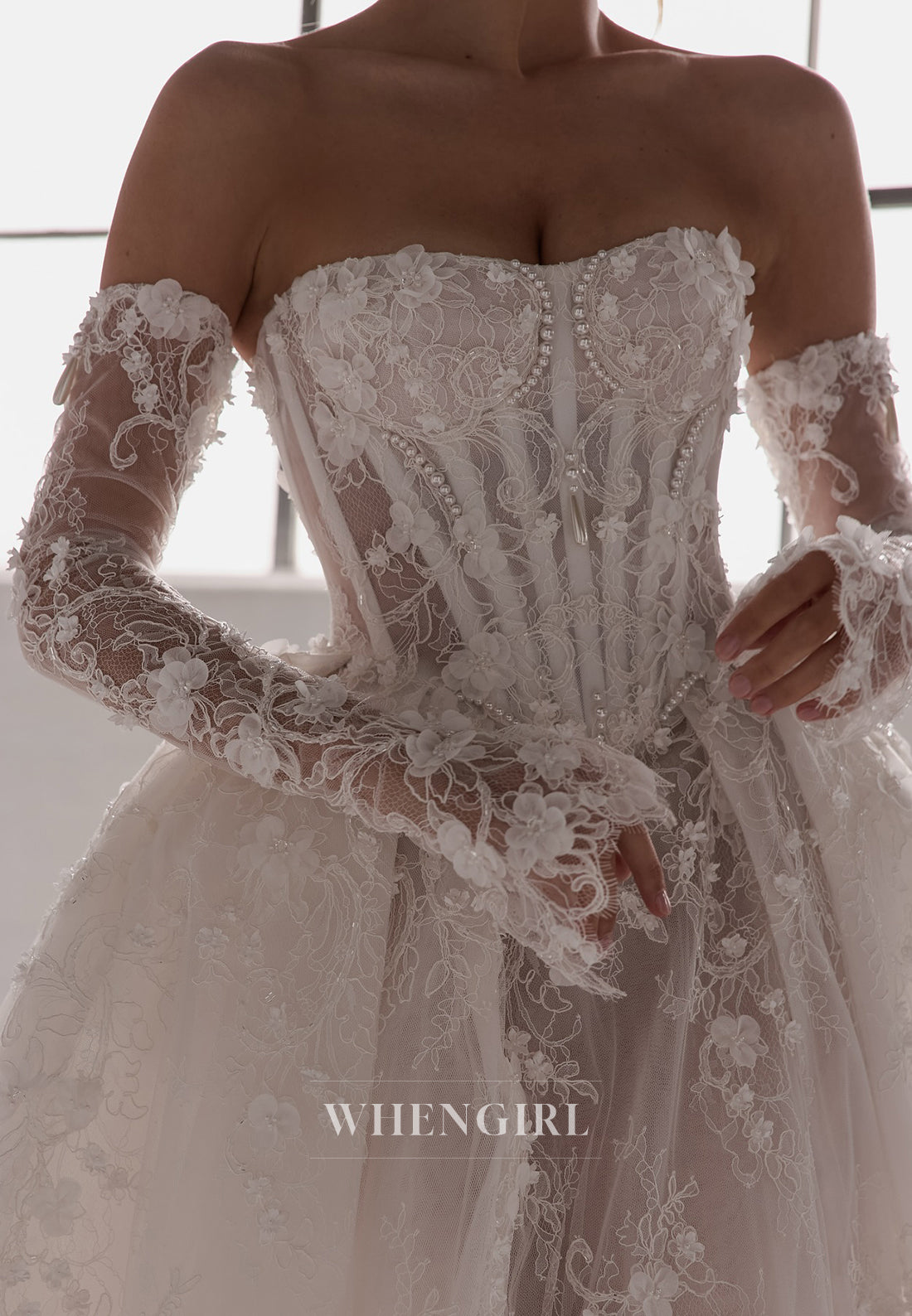 Ball Gown Tube Top Beaded Appliqued Lace Long Sleeves Side Slit Wedding Dress with Court Train