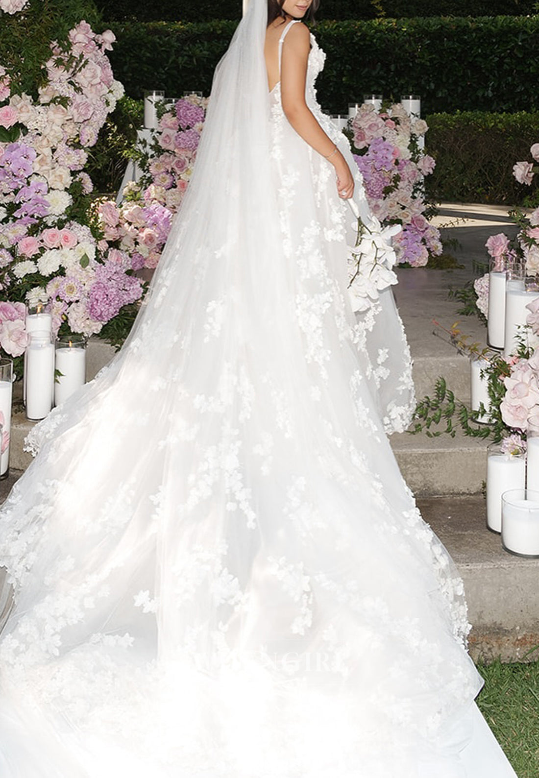 A-Line V Neck Sleeveless Straps Appliqued Lace Side Slit Court Train Wedding Dress