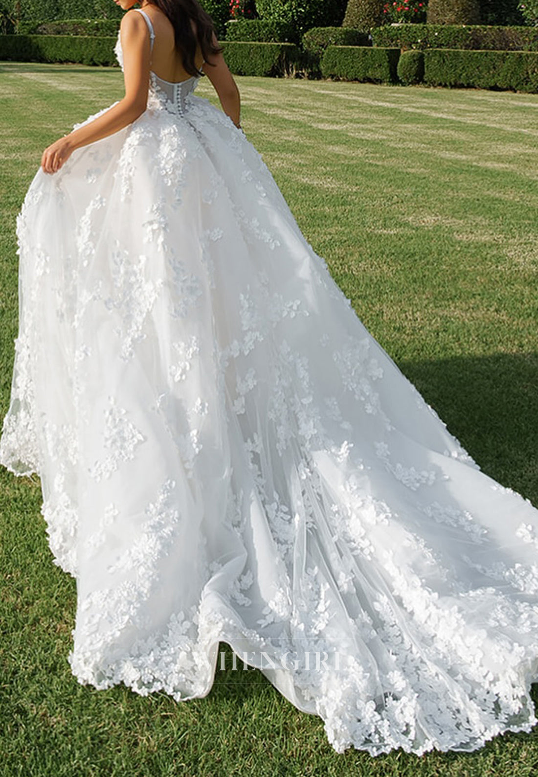 A-Line V Neck Sleeveless Straps Appliqued Lace Side Slit Court Train Wedding Dress