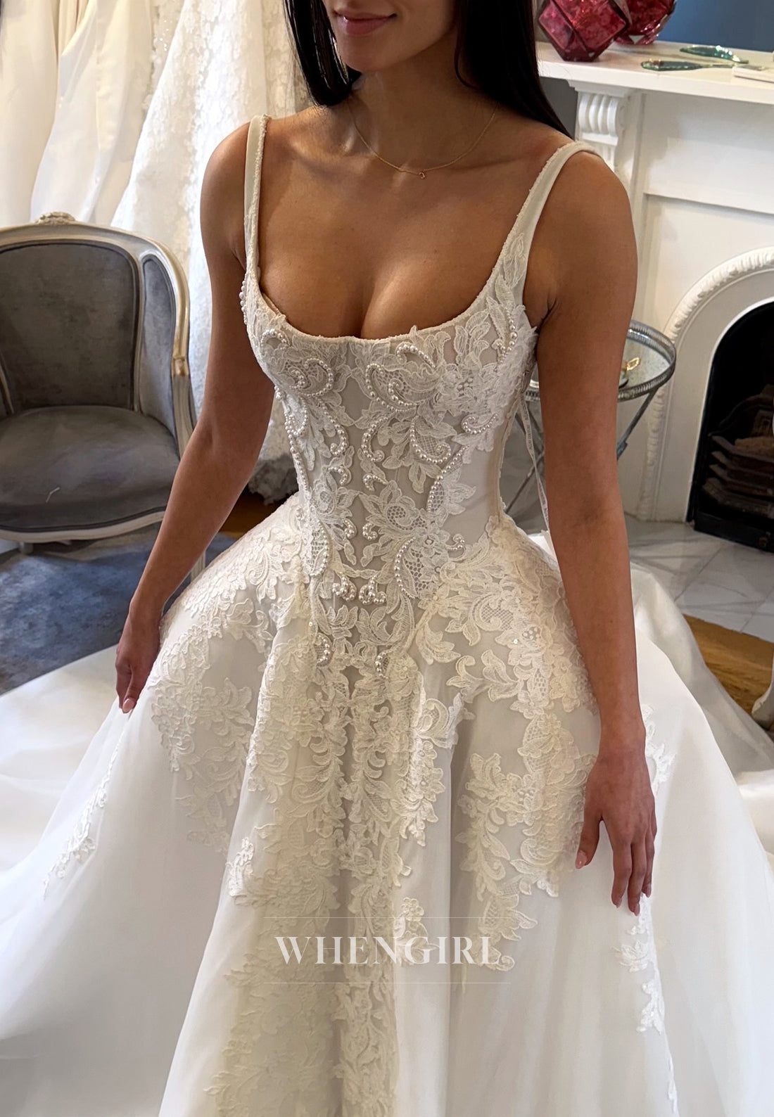 Square Neck Sleeveless Pearls Beading Appliqued Lace Ball Gown Wedding Dress
