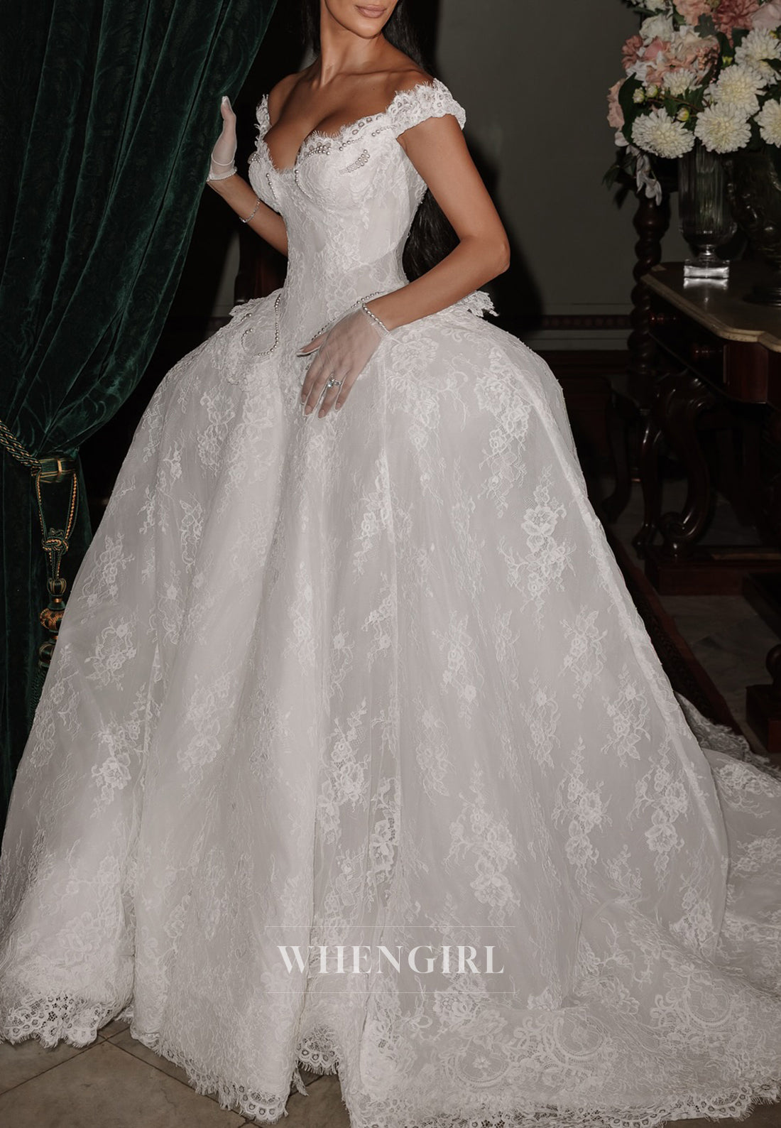 Scalloped Neck Off Shoulder Lace Court Train Sleeveless Ball Gown Wedding Dress