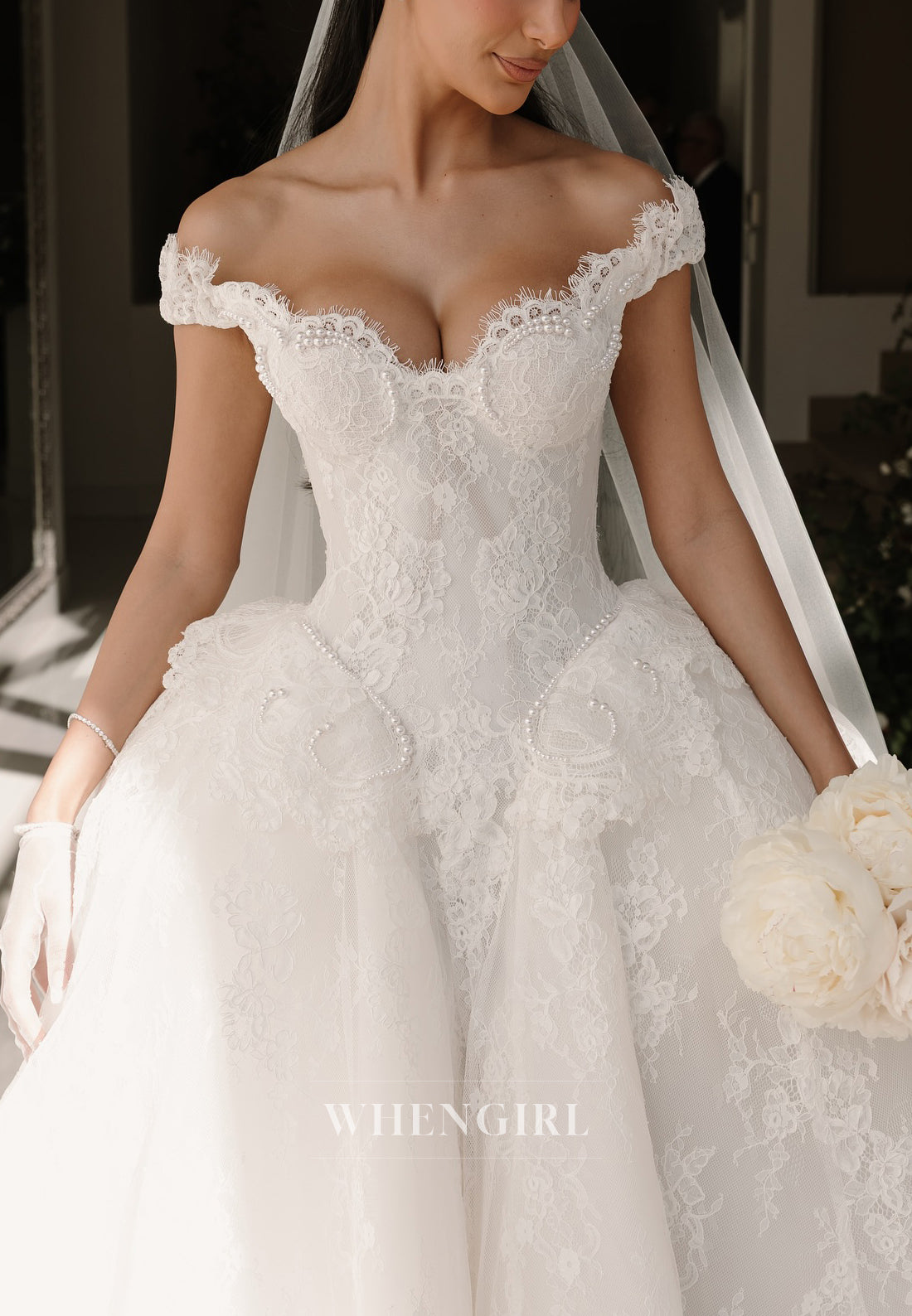 Scalloped Neck Off Shoulder Lace Court Train Sleeveless Ball Gown Wedding Dress