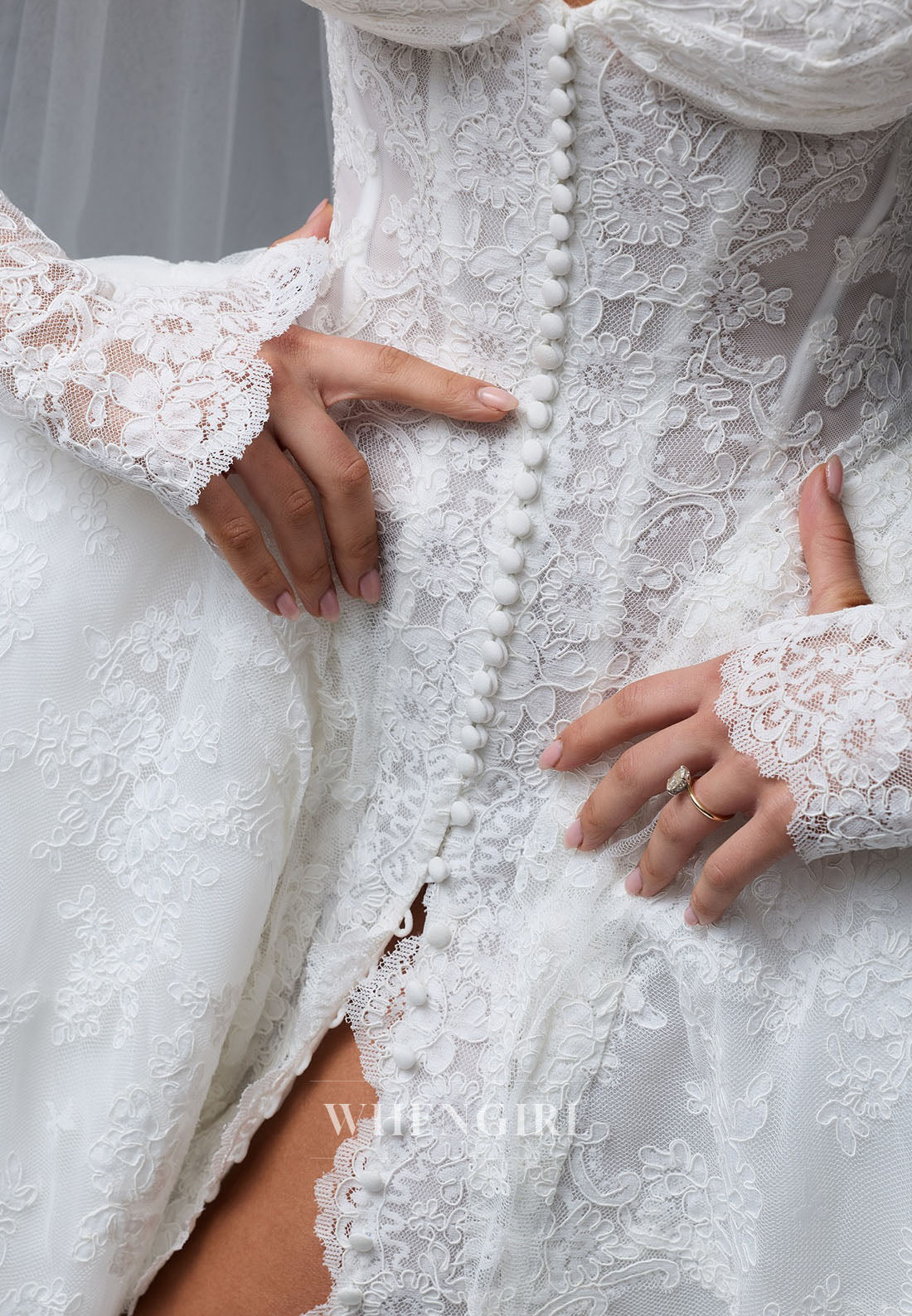 Ball Gown Strapless Lace Slit Wedding Dress with Detachable Sleeves