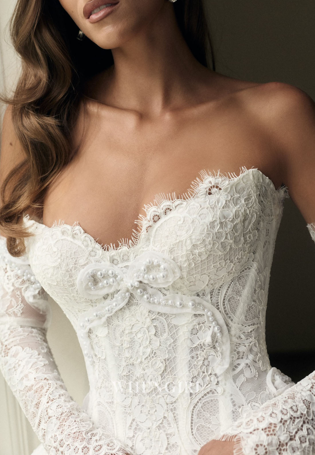 Ball Gown Strapless Long Sleeves Lace Wedding Dress
