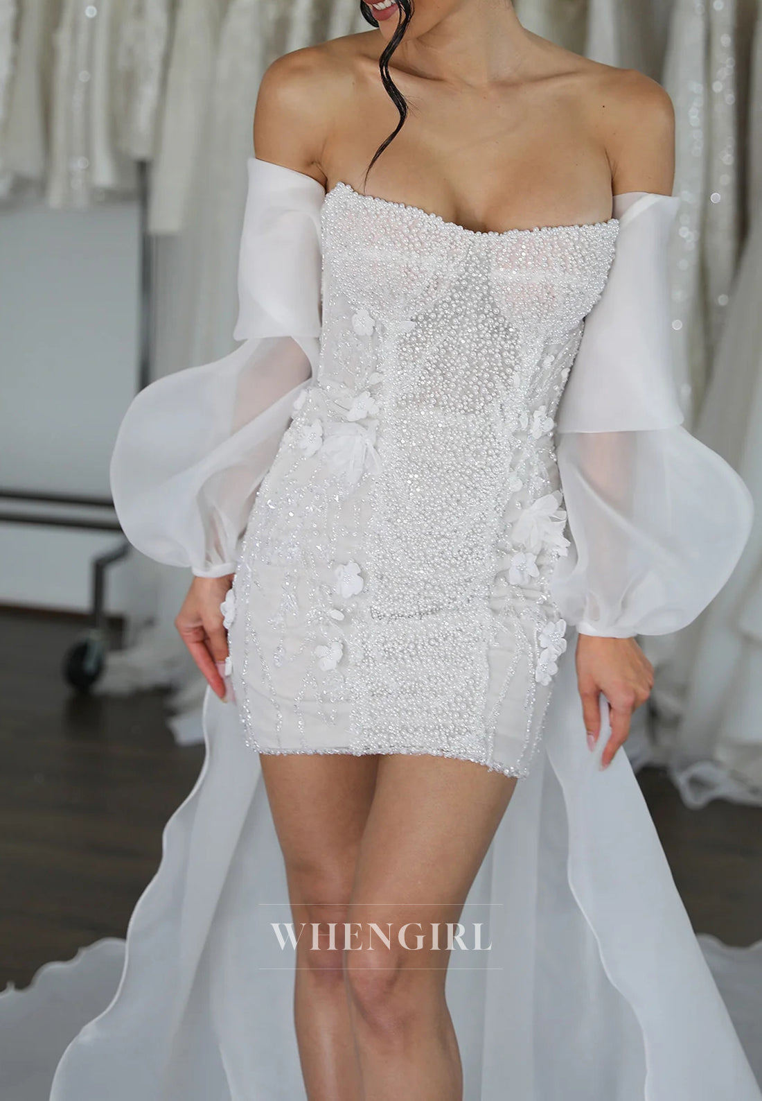 Strapless Pearls Beading Floral Back Zipper Sheath Short Wedding Dress with Removable Sleeves and Train