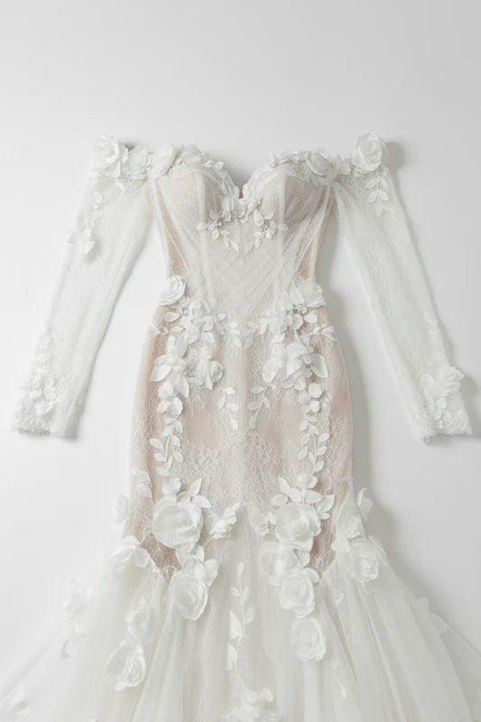 Sweetheart Long Sleeves Off Shoulder Appliqued Lace Mermaid Wedding Dress with Sweep Train