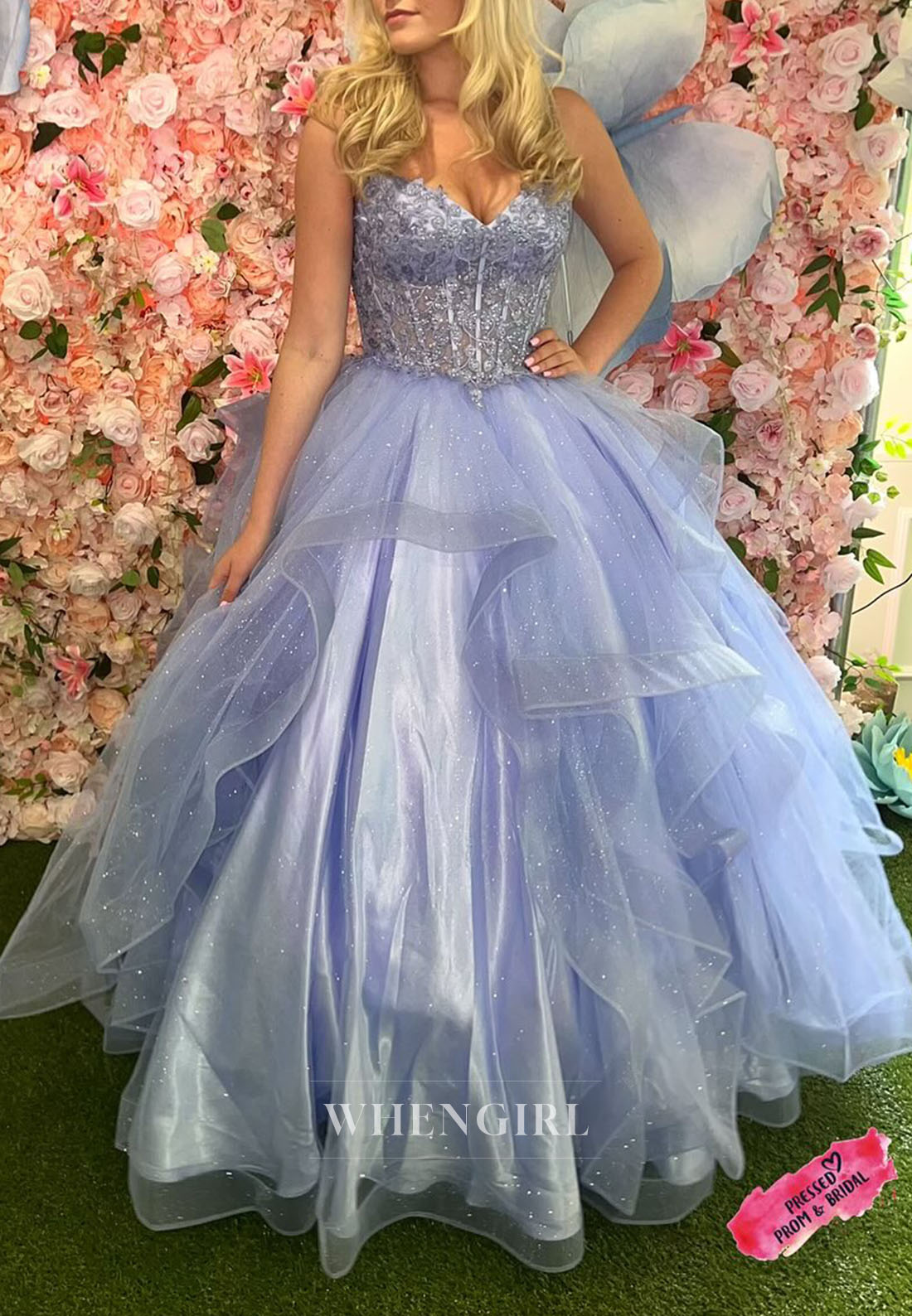 Lavender Sweetheart Spaghetti Straps Beaded Ruffles A-Line Prom Dress