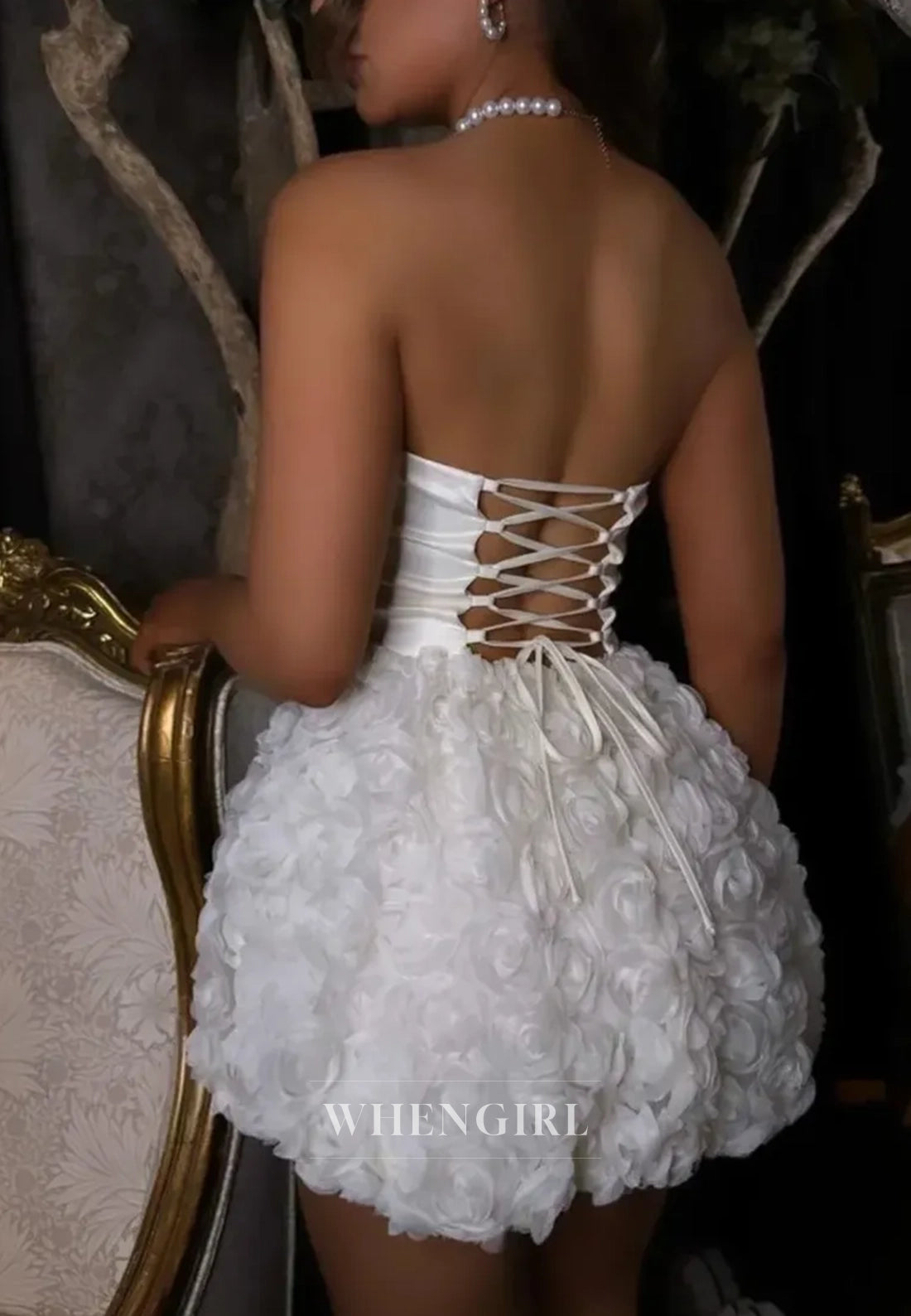 Sweetheart Strapless Floral Sleeveless Tie Back Sheath Mini Wedding Dress