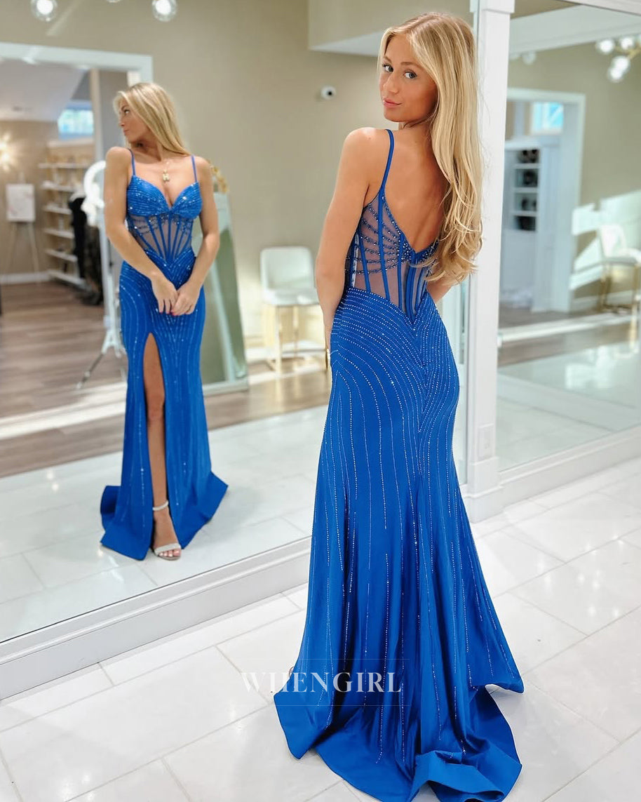 Gorgeous Sweetheart Sheath High Slit Satin Long Prom Formal Party Dress with Beaded