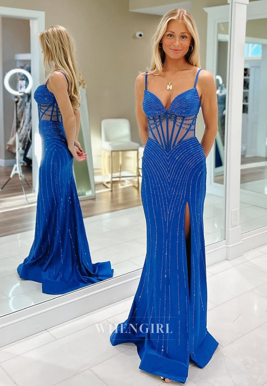 Gorgeous Sweetheart Sheath High Slit Satin Long Prom Formal Party Dress with Beaded
