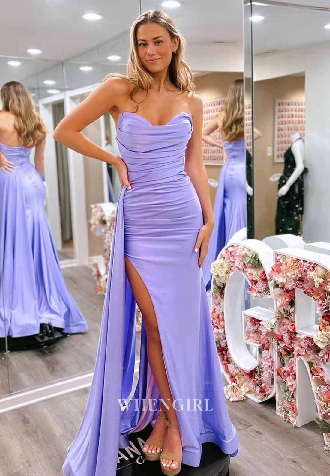 Elegant Empire Waist Sweetheart High Split Ruched Satin Evening Prom Gowns with Train