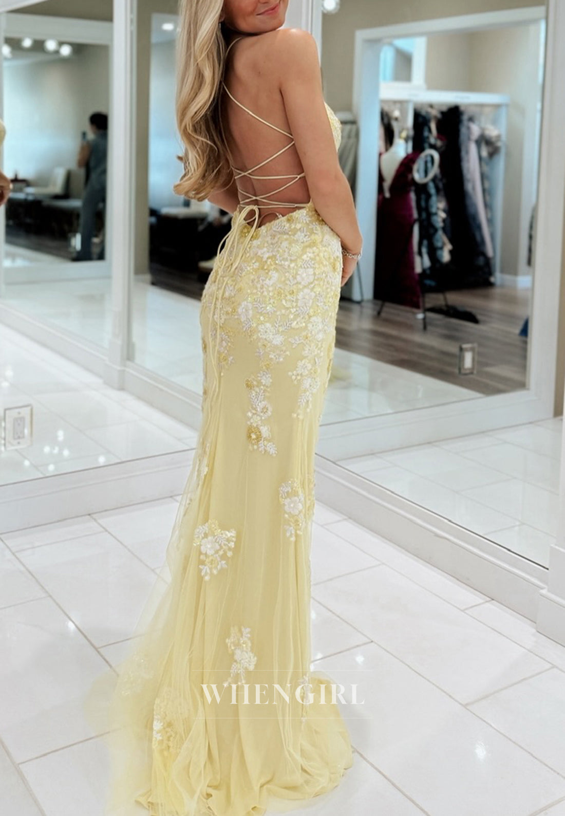 Sheath Yellow V Neck Side Slit Floral Cross Back Sleeveless Prom Dress