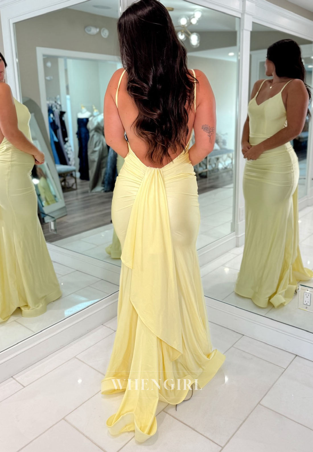 Yellow Spaghetti Straps V Neck Sleeveless Simple Mermaid Prom Dress