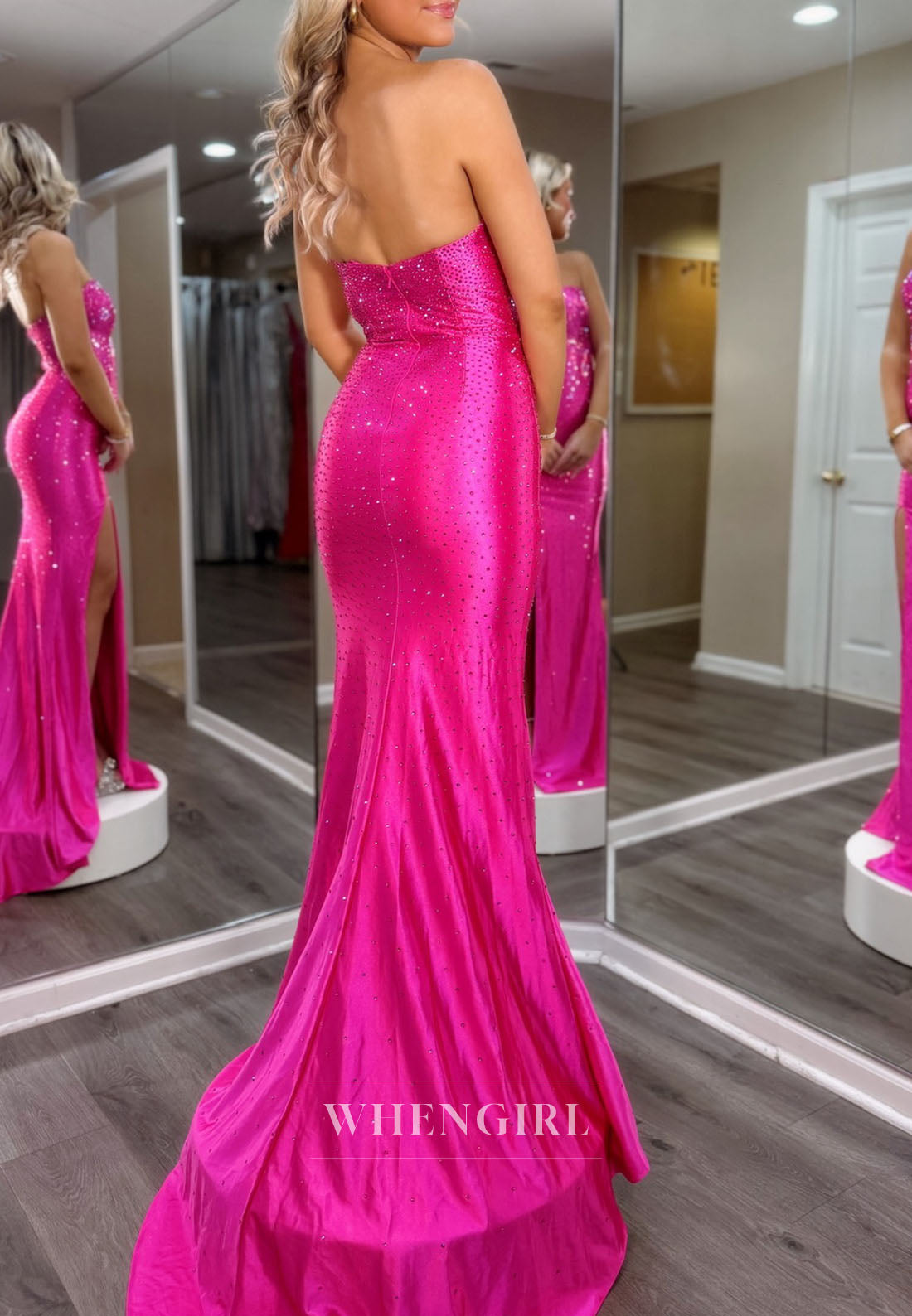 Mermaid Fuchsia Tube Top Sleeveless Side Slit Beaded Prom Dress