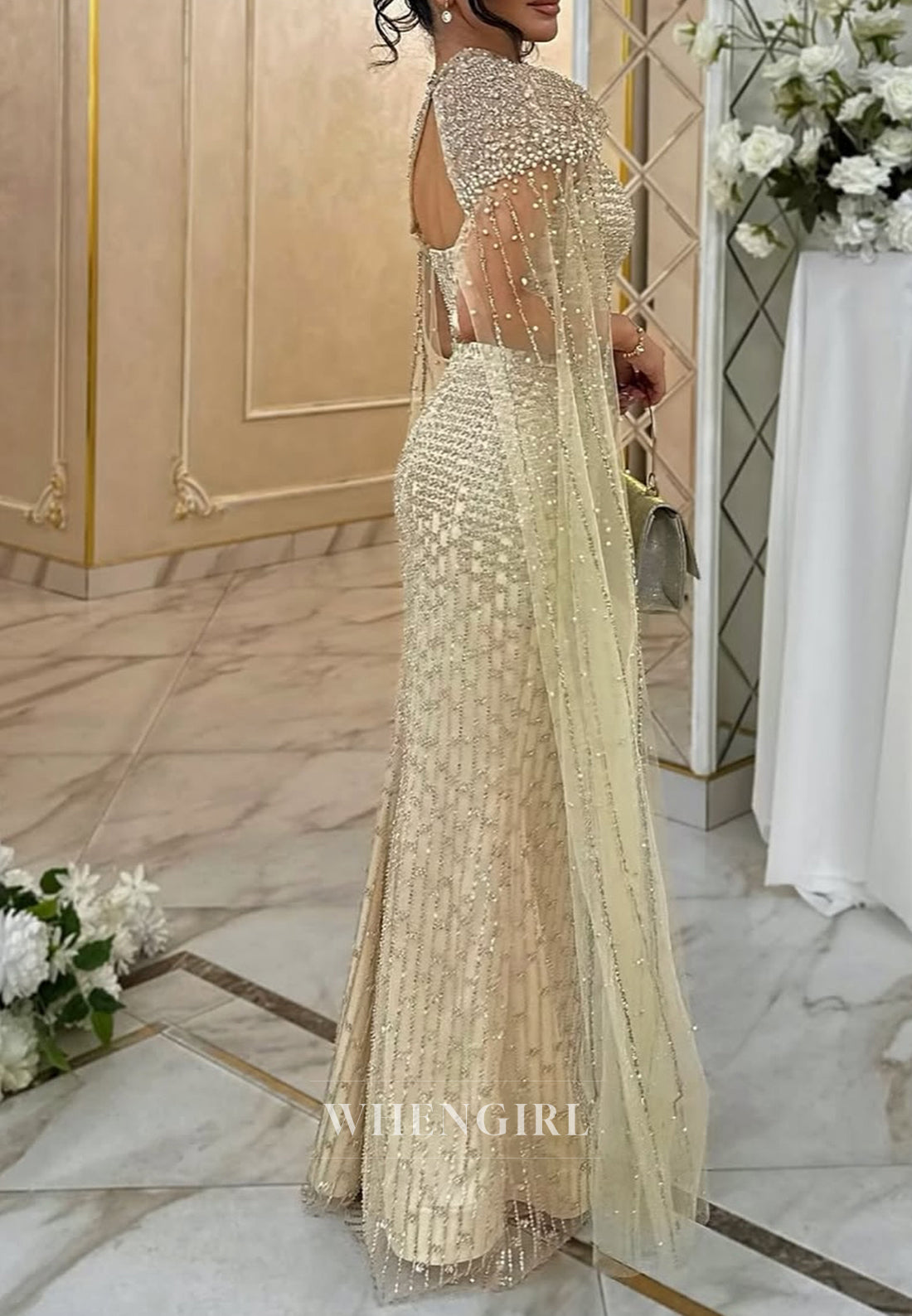 Champagne Beaded Back Zipper Floor Length Evening Formal Dress with Shawl