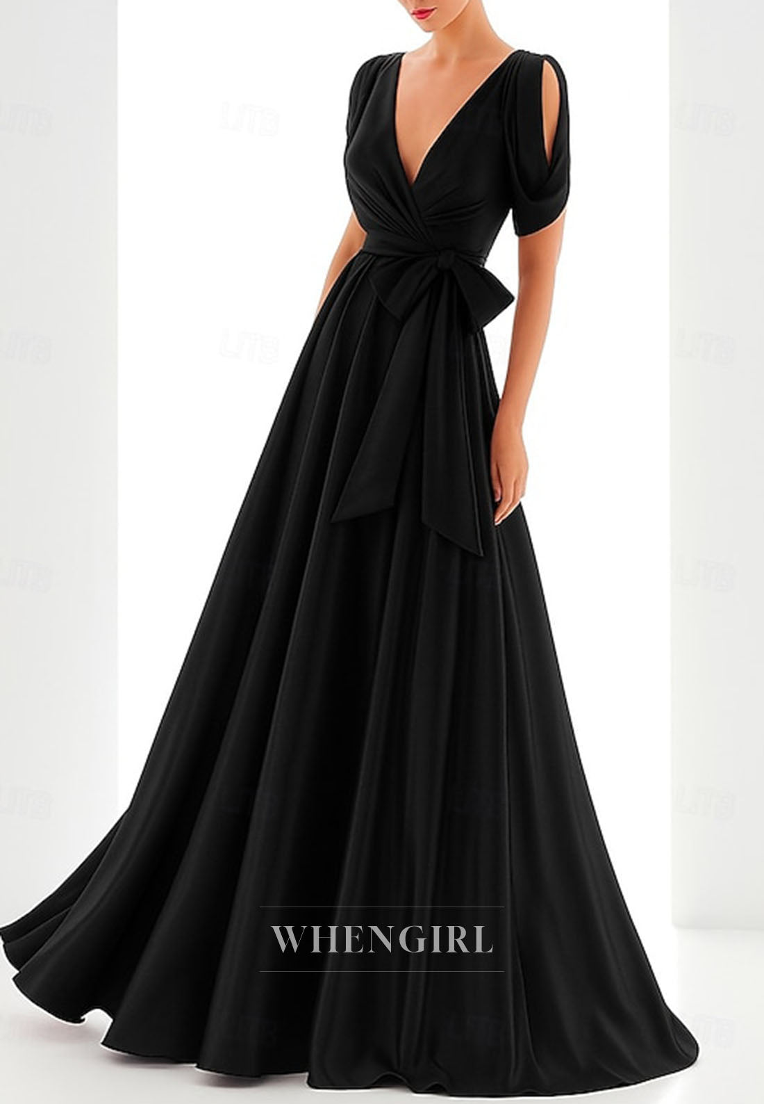 A-Line V Neck Short Sleeves Bowknot Floor Length Mother of the Bride Dress