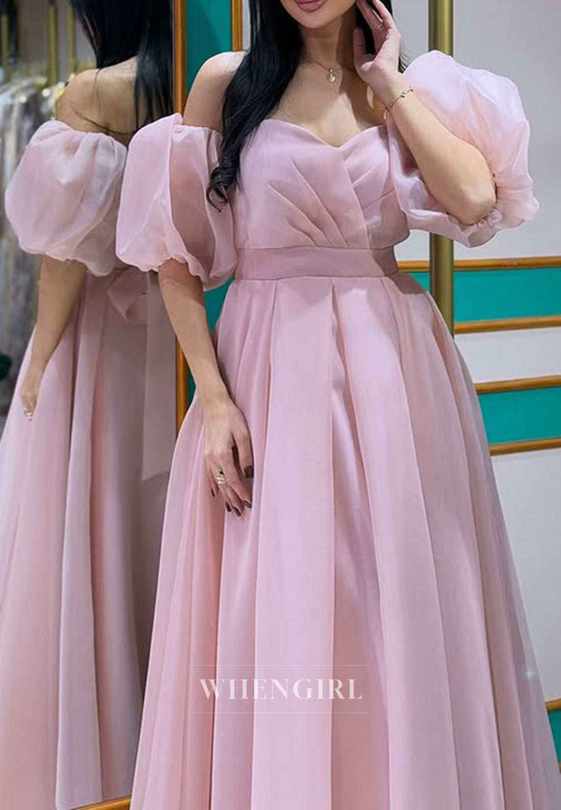 Pale Blush Pleated Sweetheart Short Puff Sleeves Floor Length A-Line Formal Evening Gown
