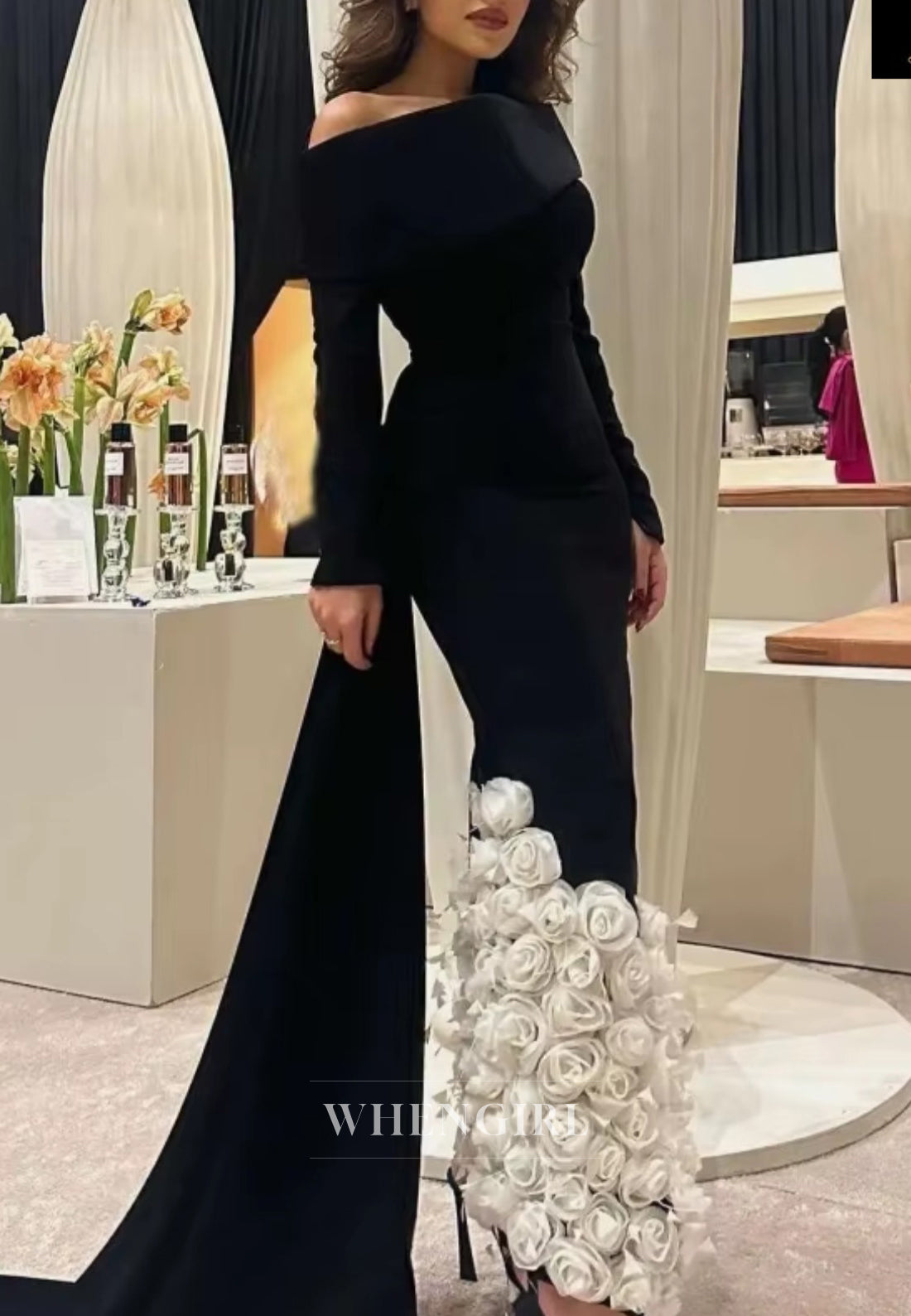 Black Velvet One Shoulder Long Sleeves Sheath White 3D Flowers Formal Evening Dress with Train