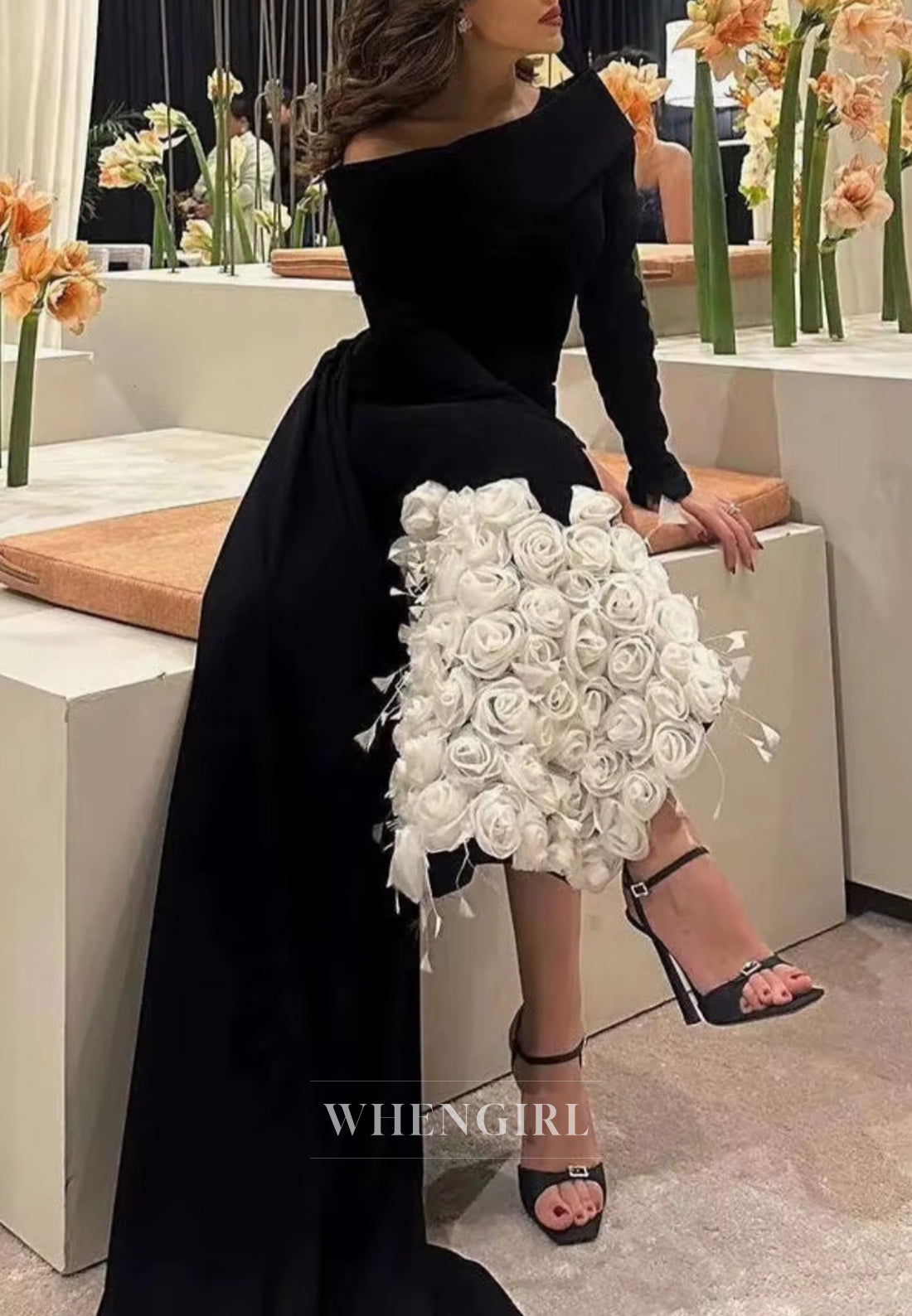 Black Velvet One Shoulder Long Sleeves Sheath White 3D Flowers Formal Evening Dress with Train