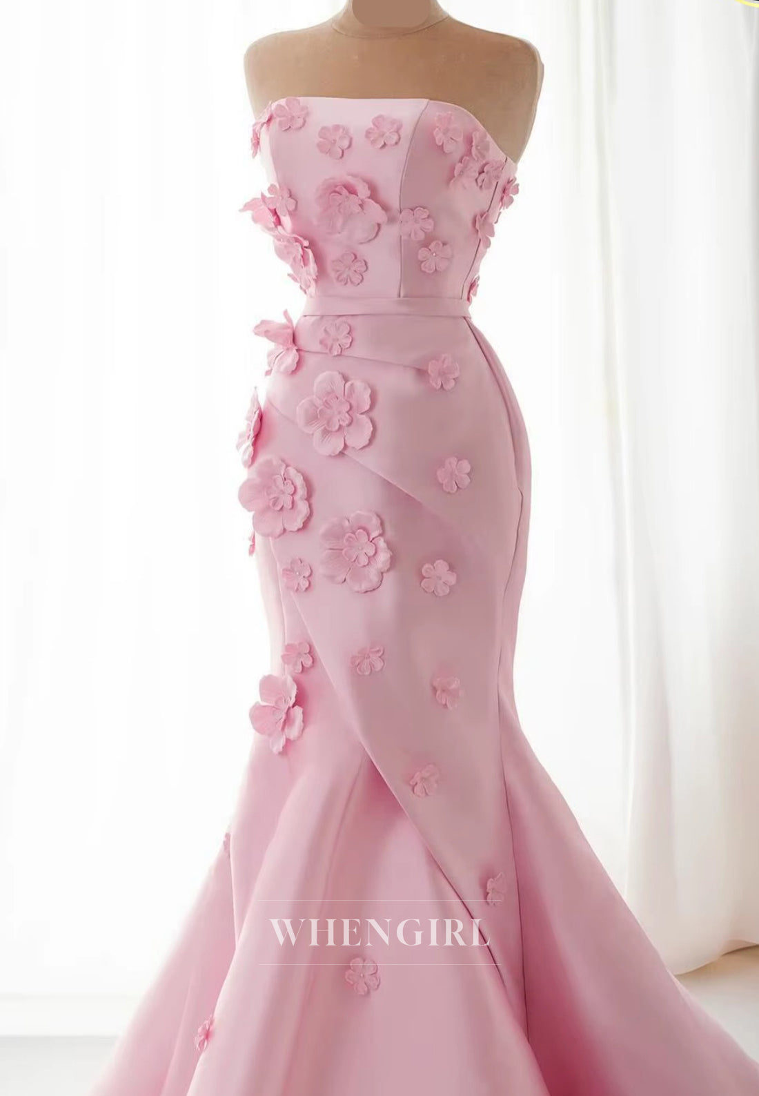 Blushing Pink Tube Top Floral Sheath Formal Gown Sleeveless Evening Dress with Train