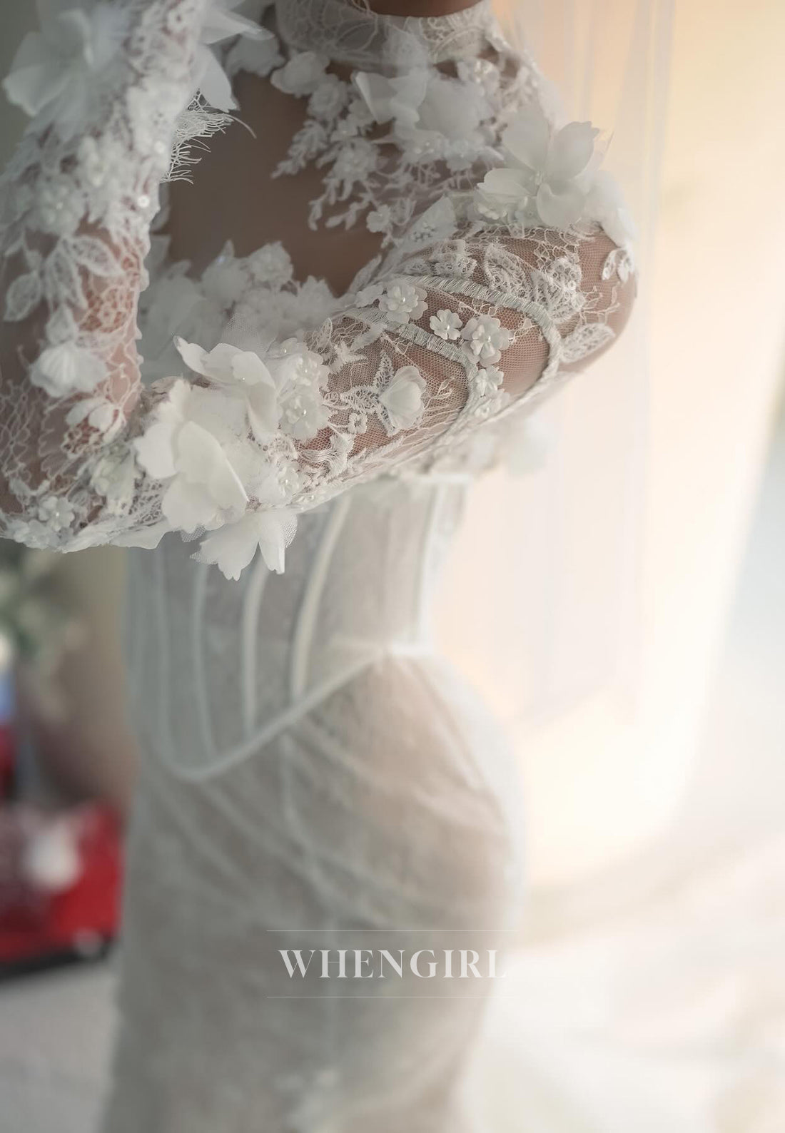 Mermaid High Neck Long Sleeves Appliqued Lace Sweep Train Corset Wedding Dress