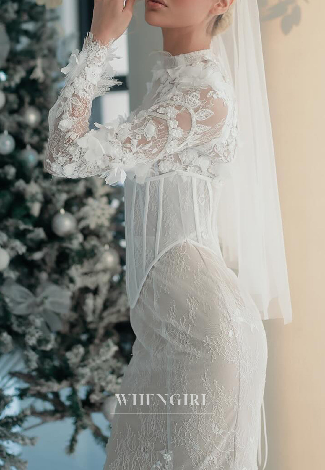Mermaid High Neck Long Sleeves Appliqued Lace Sweep Train Corset Wedding Dress