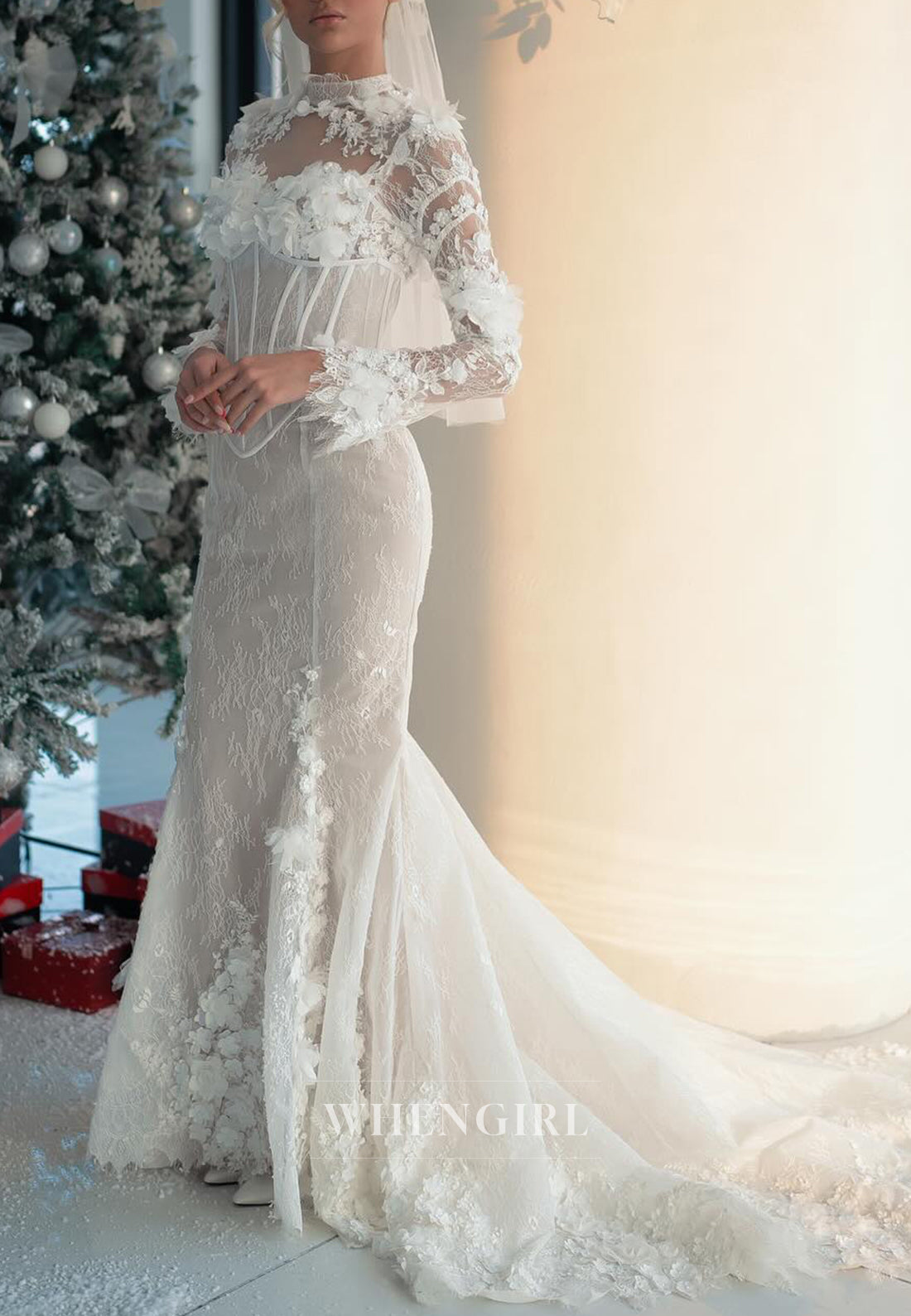 Mermaid High Neck Long Sleeves Appliqued Lace Sweep Train Corset Wedding Dress