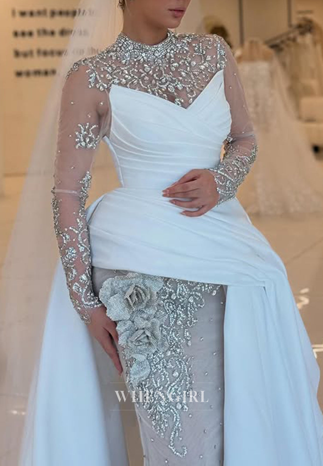 Gorgeous High Neck Beaded Long Sleeves 3D Flower Pleated Sheath Sweep Train Wedding Dress
