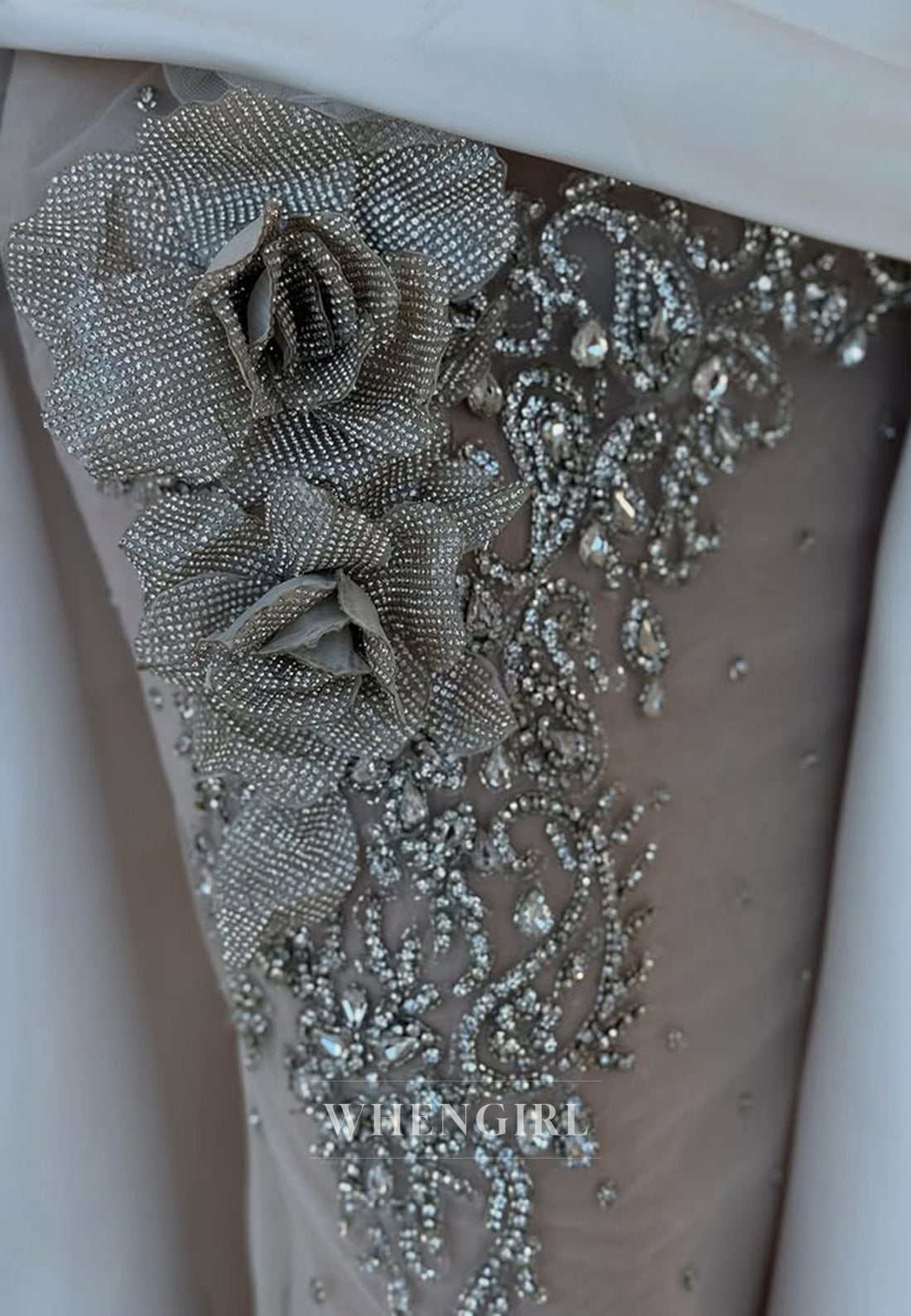 Gorgeous High Neck Beaded Long Sleeves 3D Flower Pleated Sheath Sweep Train Wedding Dress