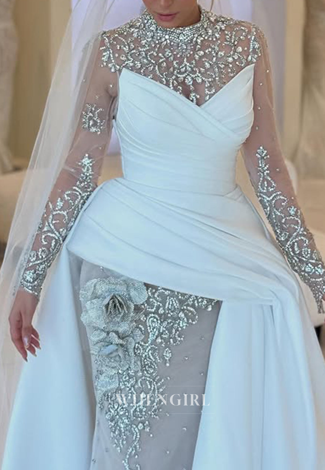 Gorgeous High Neck Beaded Long Sleeves 3D Flower Pleated Sheath Sweep Train Wedding Dress