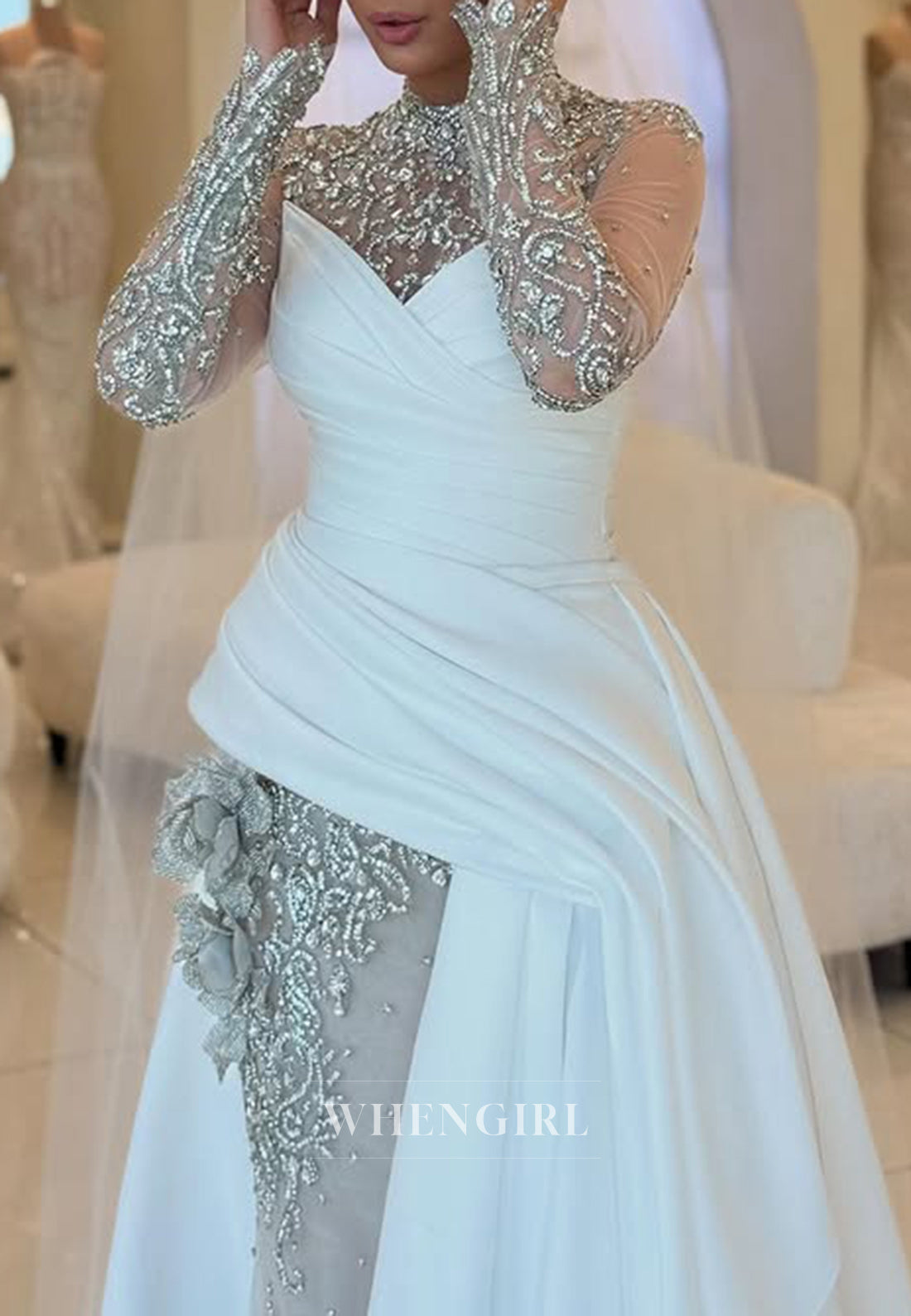 Gorgeous High Neck Beaded Long Sleeves 3D Flower Pleated Sheath Sweep Train Wedding Dress