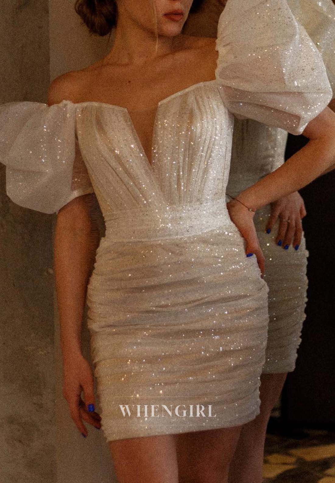 Short Sheath Pleated Short Puff Sleeves Bowknot V Neck Wedding Dress