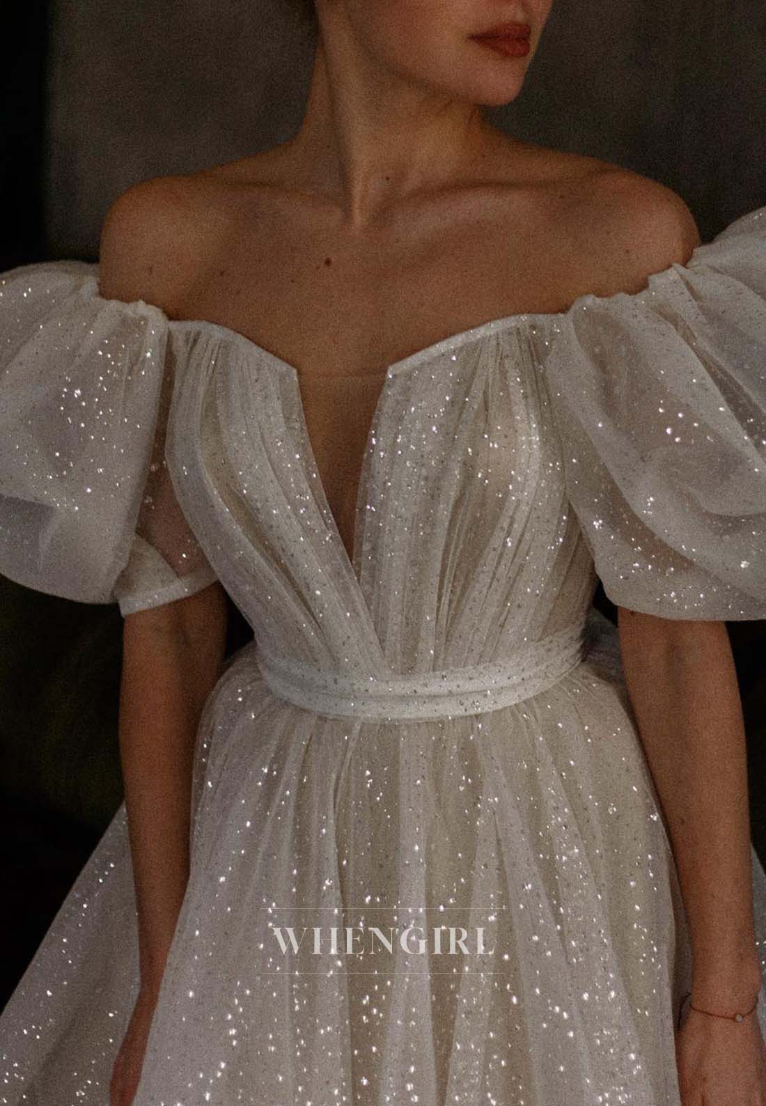 Short Sheath Pleated Short Puff Sleeves Bowknot V Neck Wedding Dress
