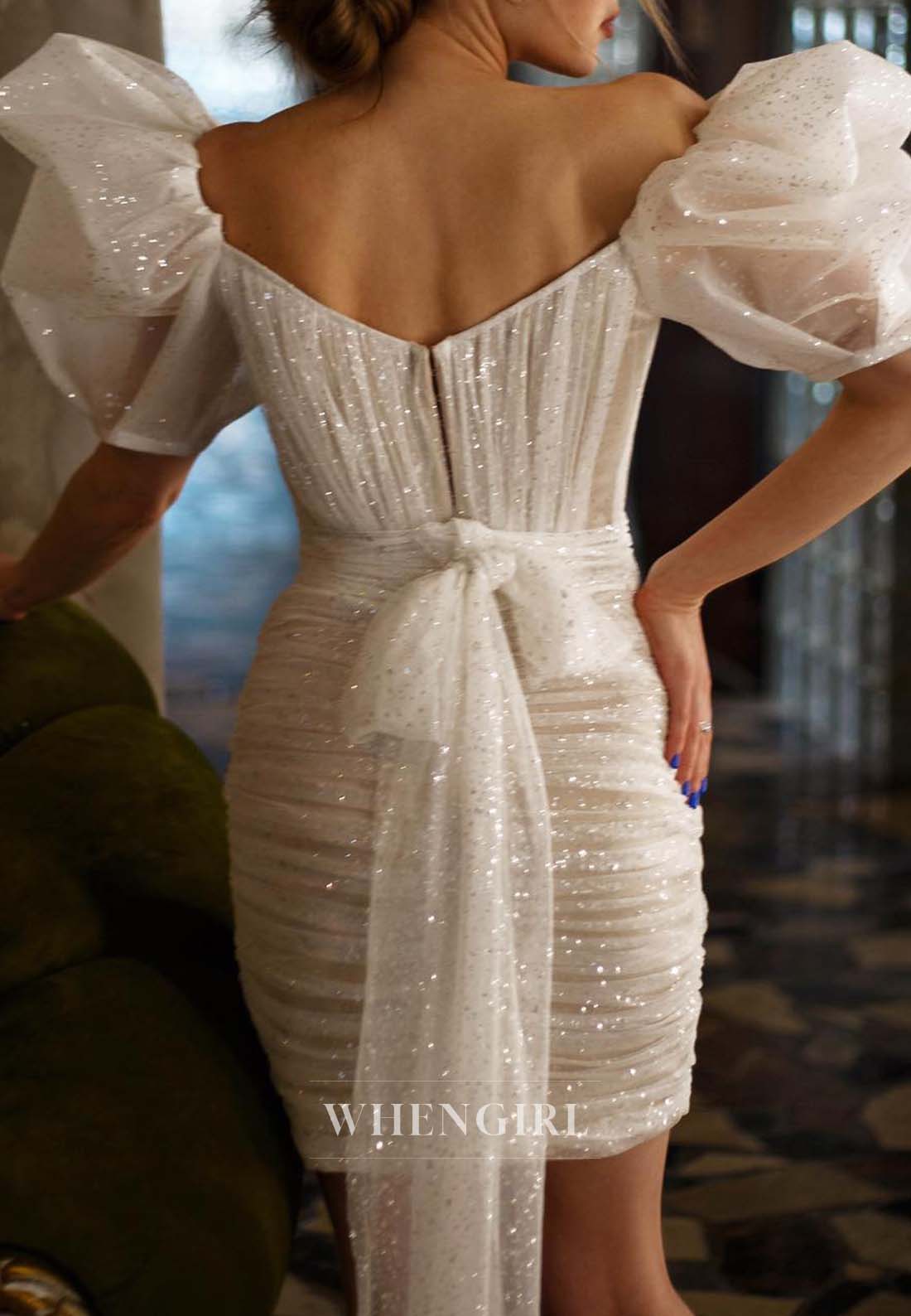 Short Sheath Pleated Short Puff Sleeves Bowknot V Neck Wedding Dress