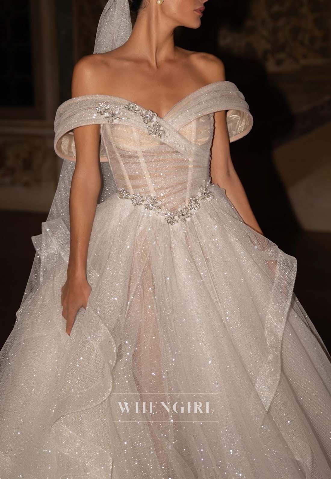Off Shoulder Sleeveless Beaded Back Zipper A-Line Wedding Dress with Sweep Train