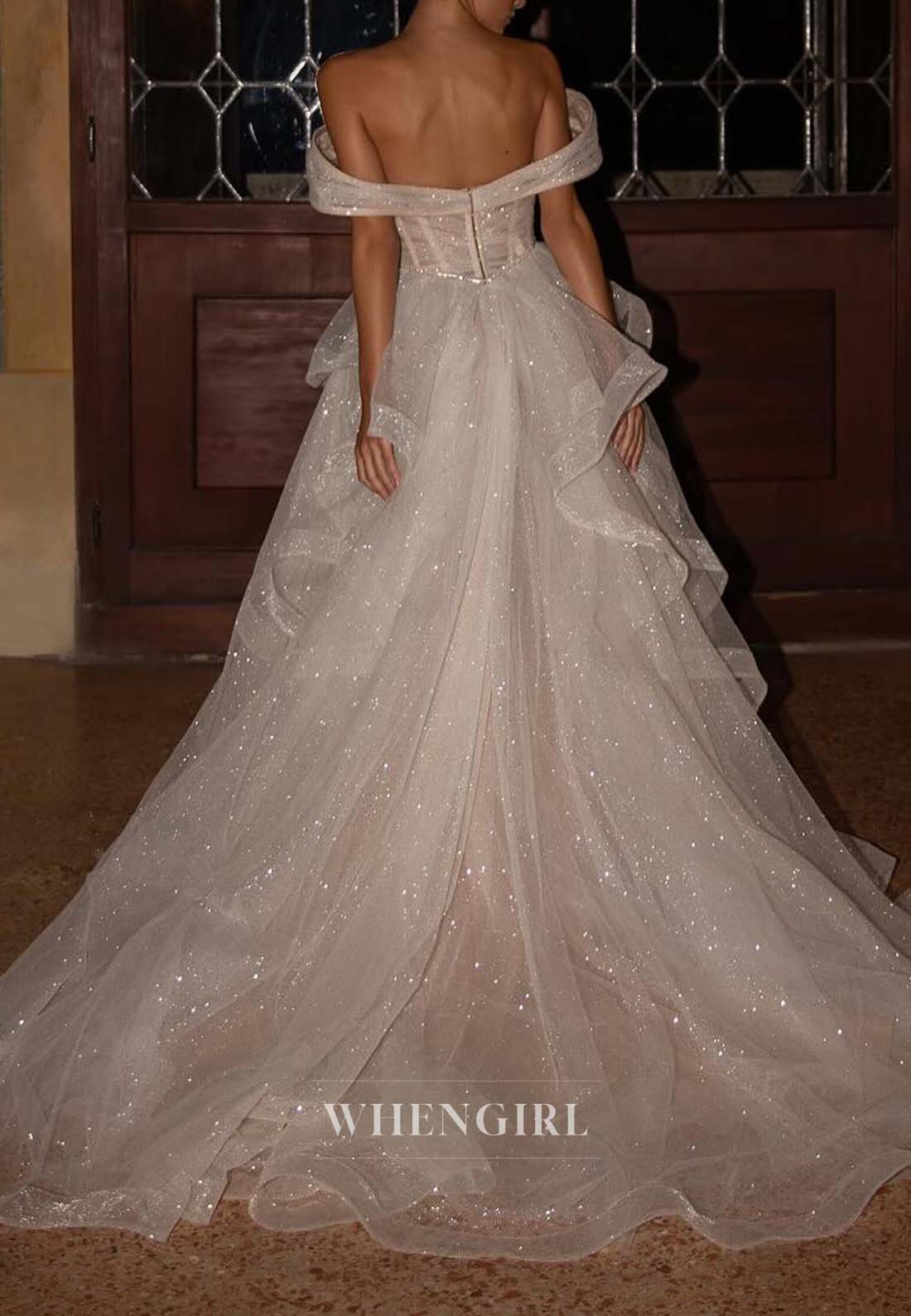 Off Shoulder Sleeveless Beaded Back Zipper A-Line Wedding Dress with Sweep Train