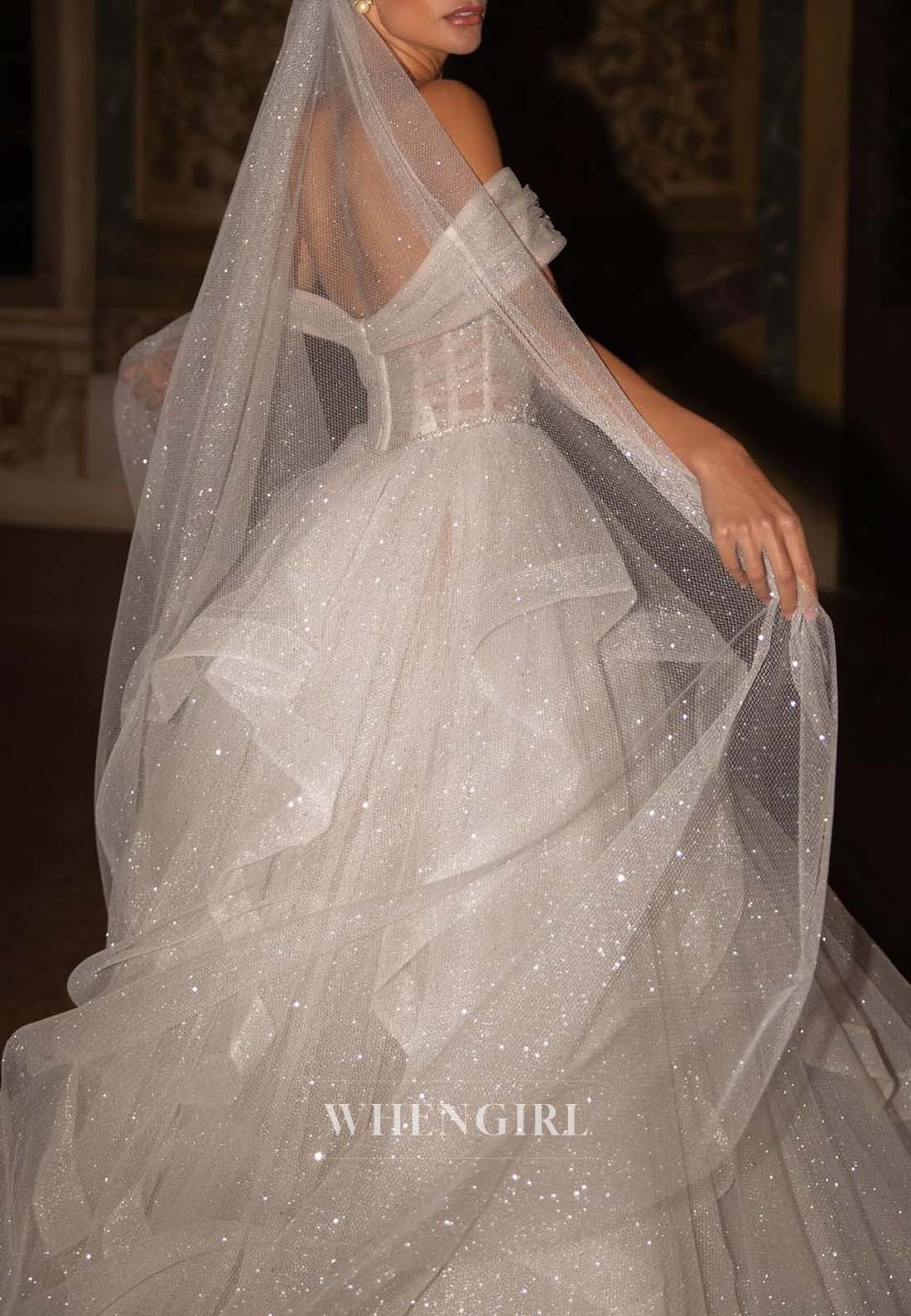 Off Shoulder Sleeveless Beaded Back Zipper A-Line Wedding Dress with Sweep Train