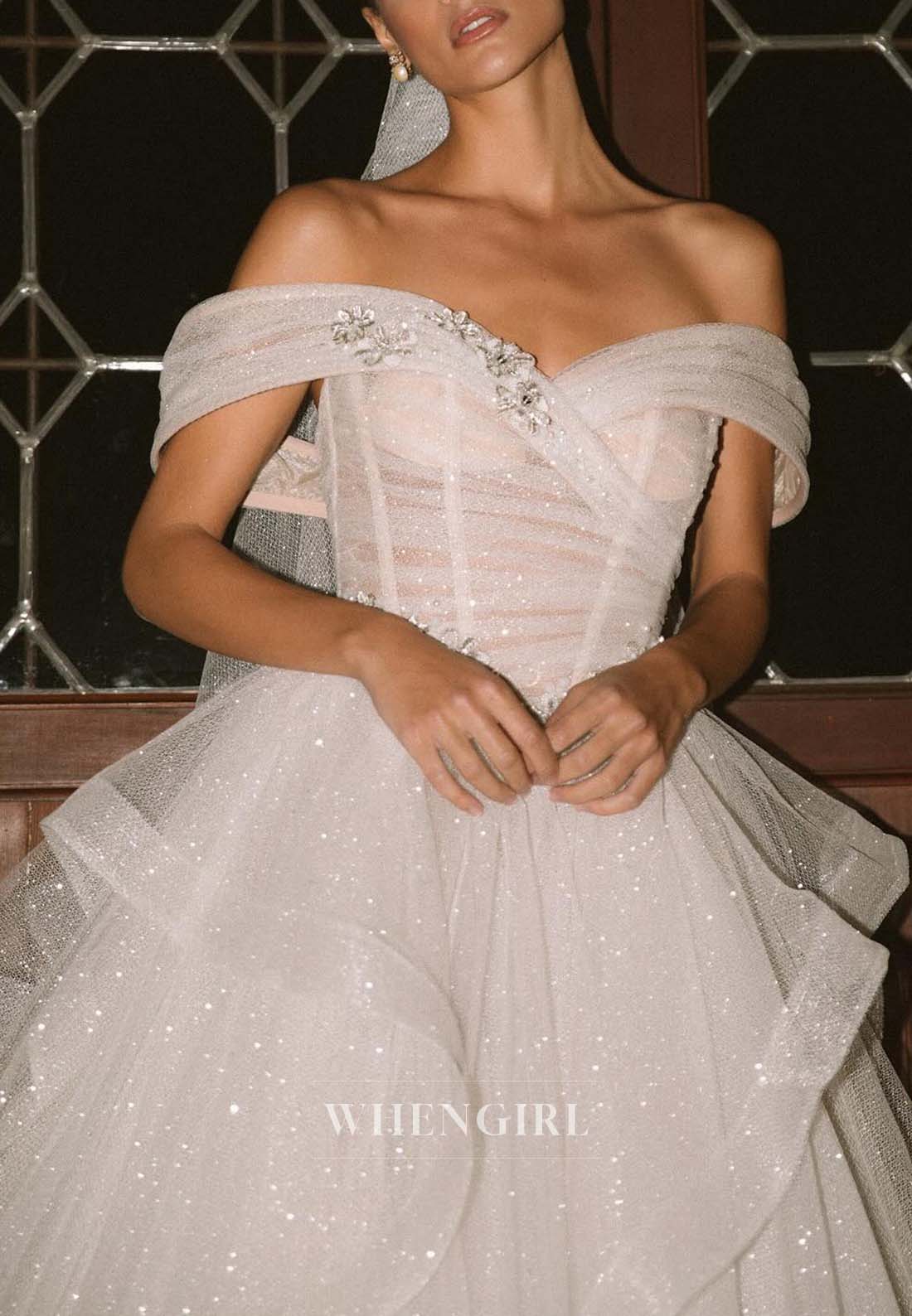 Off Shoulder Sleeveless Beaded Back Zipper A-Line Wedding Dress with Sweep Train