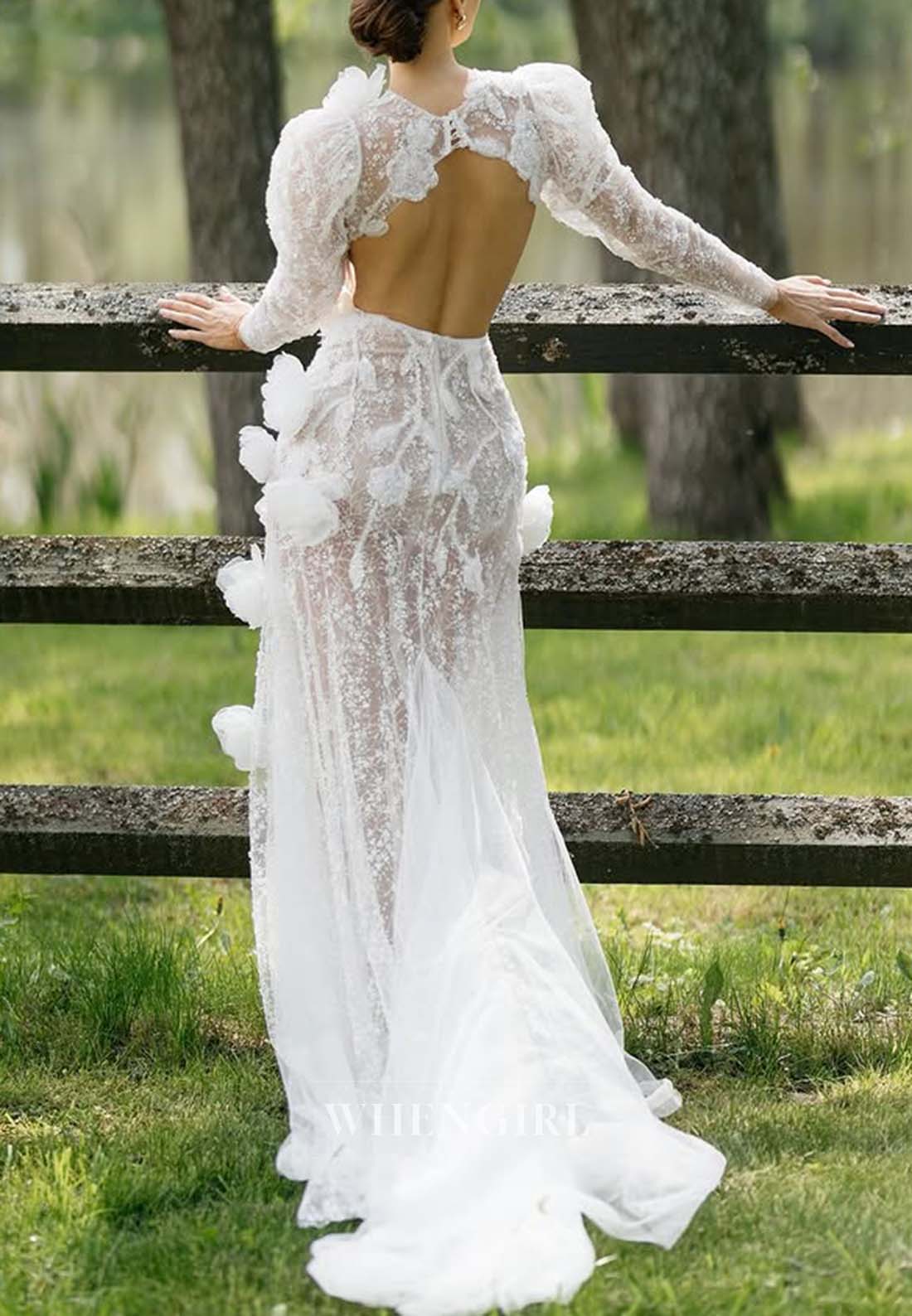 Bateau Neck Long Sleeves Beaded Sheath Wedding Dress with 3D Flowers and Sweep Train
