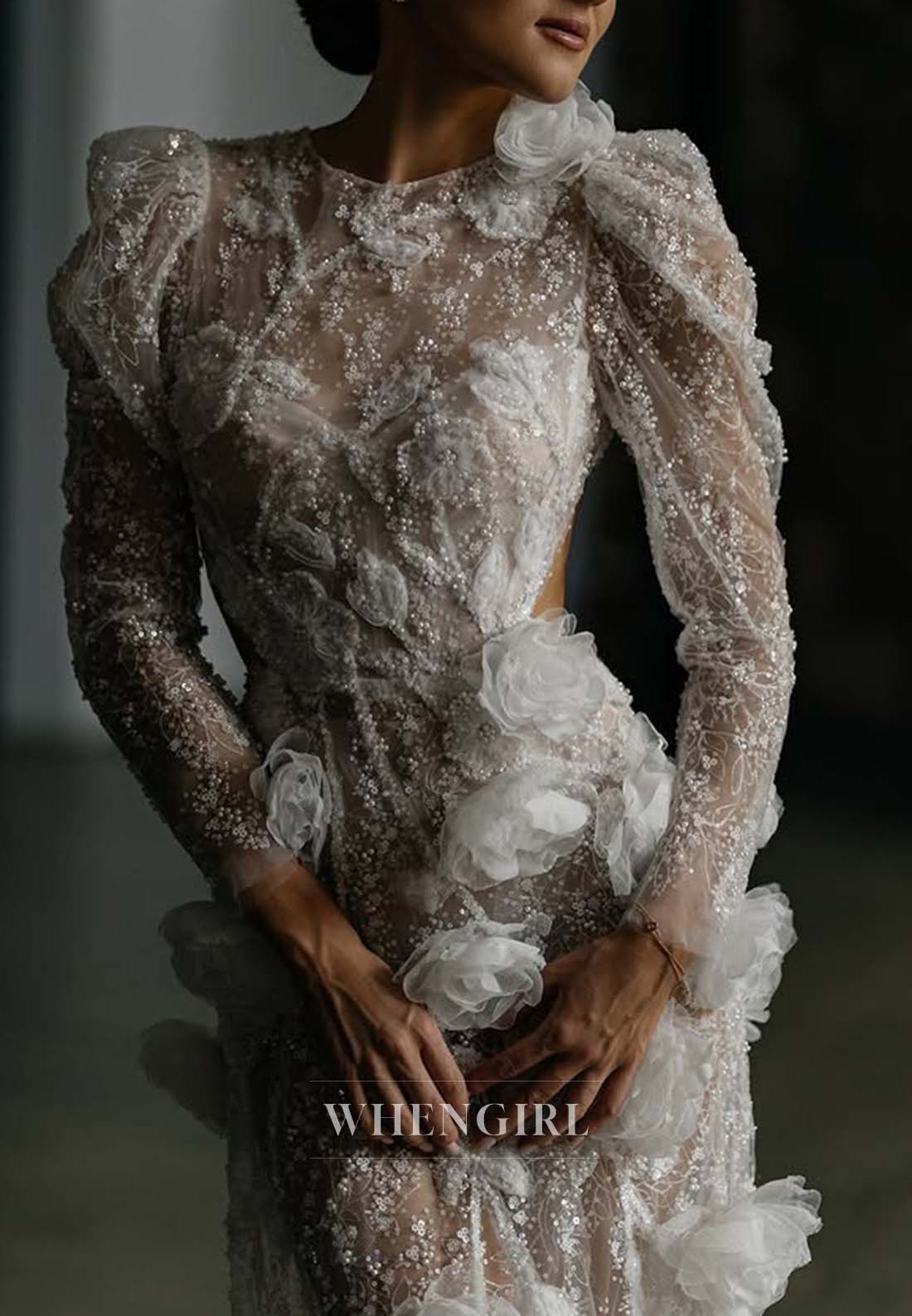 Bateau Neck Long Sleeves Beaded Sheath Wedding Dress with 3D Flowers and Sweep Train