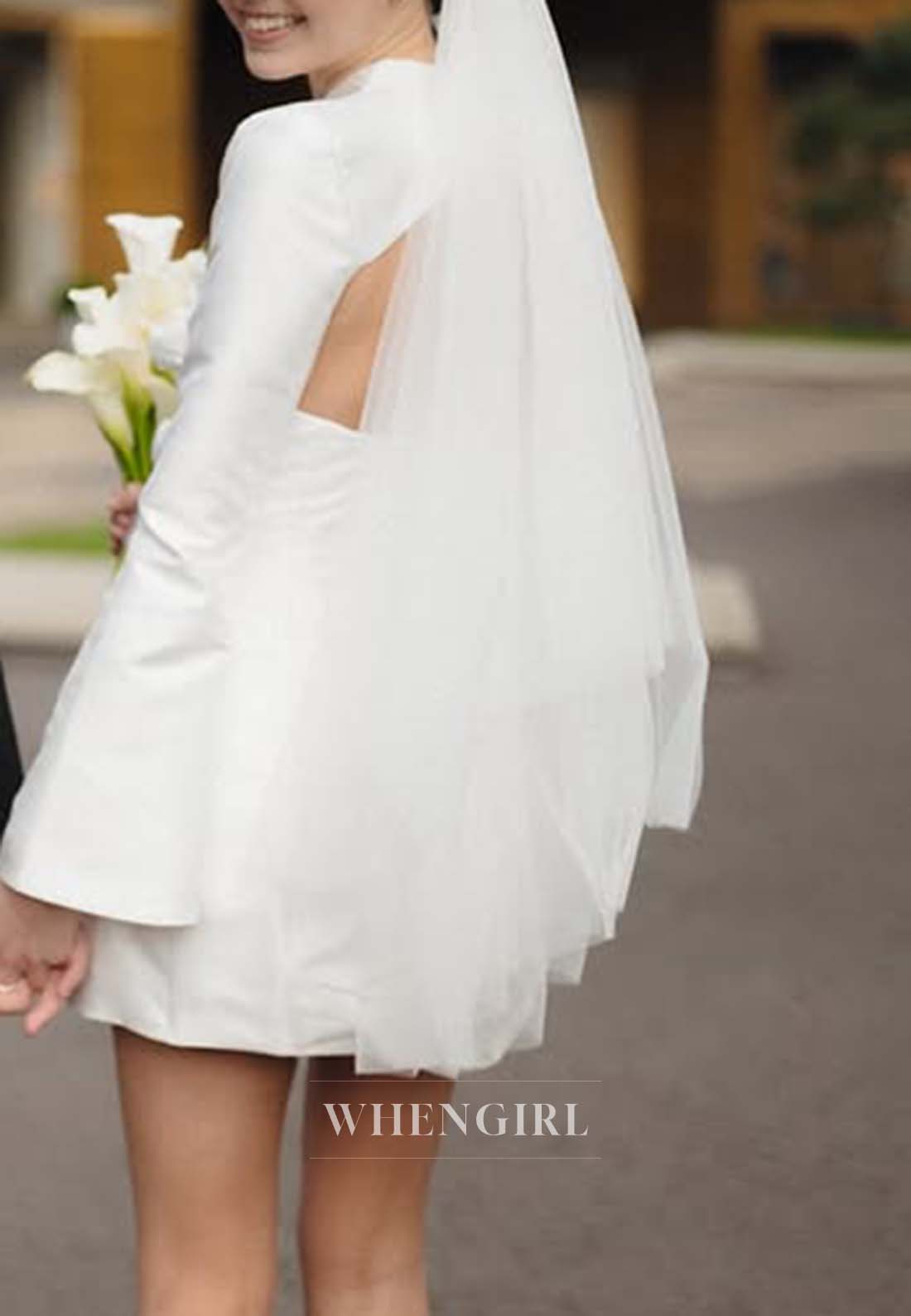 Bateau Neck Long Sleeves Sheath 3D Flowers Short Satin Wedding Dress