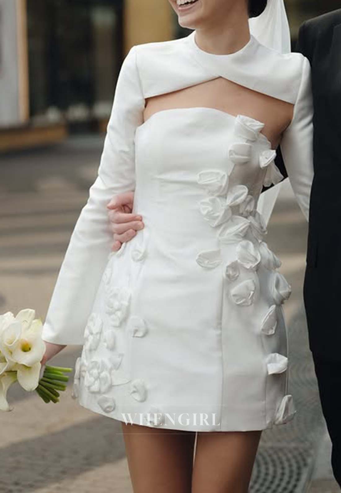 Bateau Neck Long Sleeves Sheath 3D Flowers Short Satin Wedding Dress