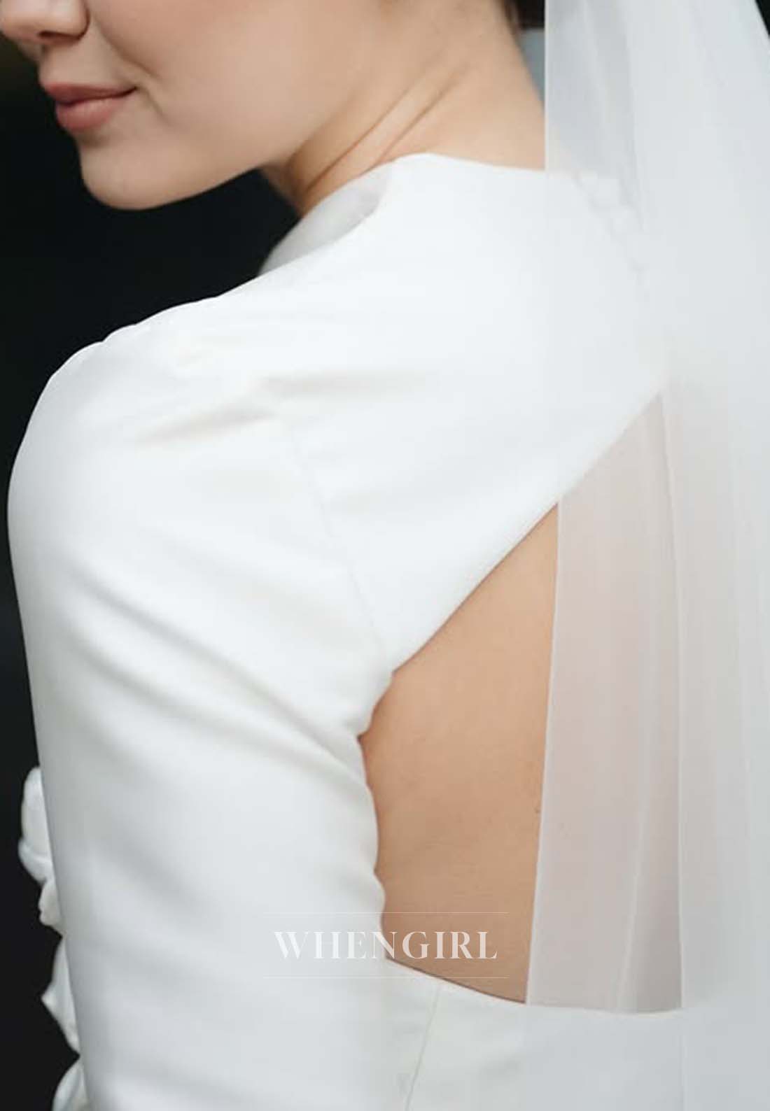 Bateau Neck Long Sleeves Sheath 3D Flowers Short Satin Wedding Dress