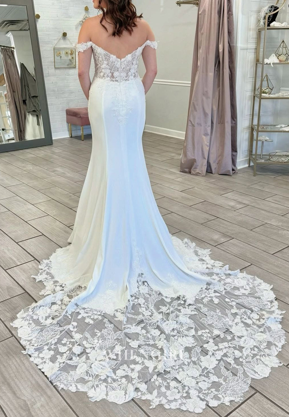 off Shoulder Appliqued Lace Mermaid Court Train Wedding Dress with Side Slit