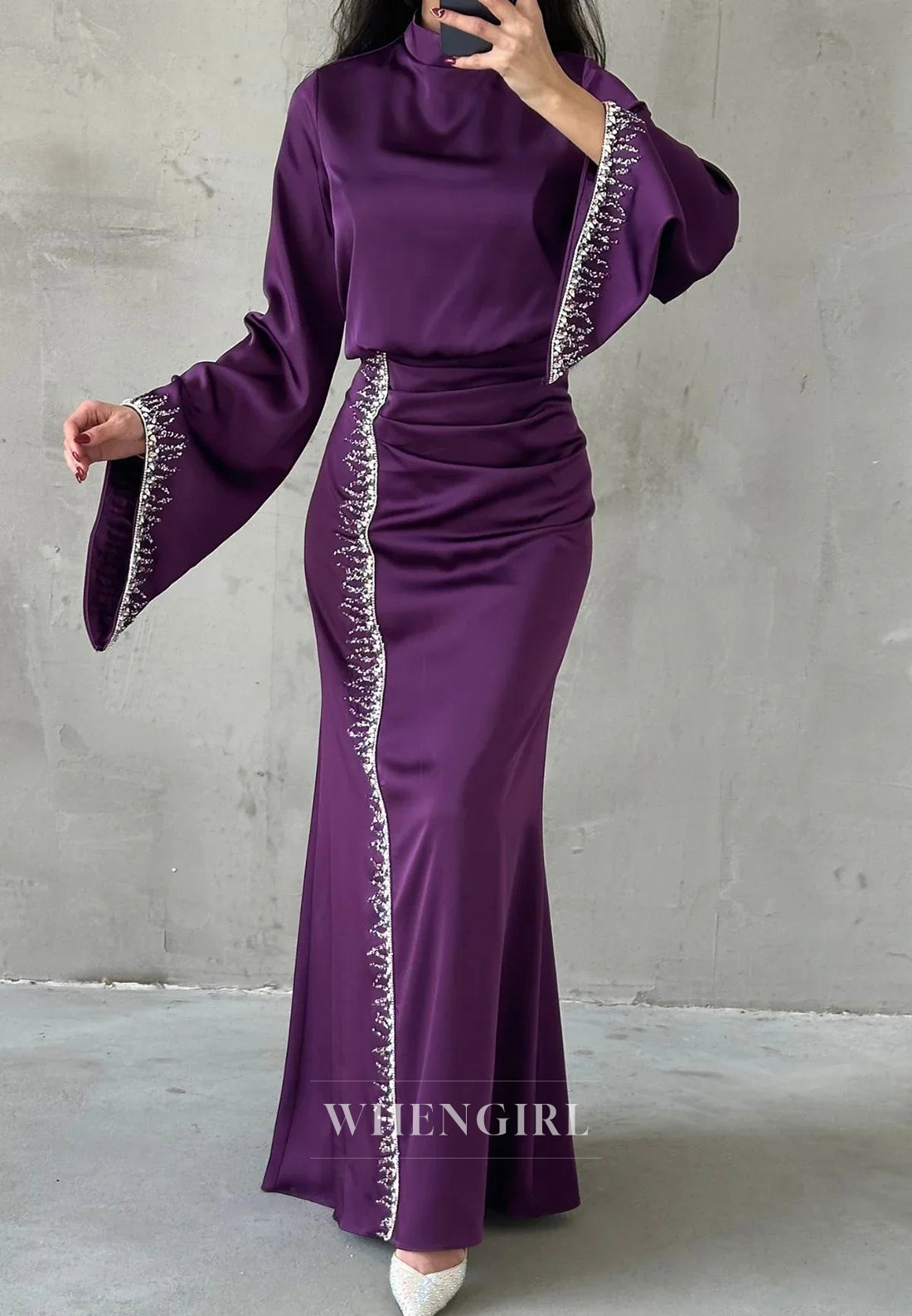 Sheath High Neck Long Sleeves Beaded Ankle Length Evening Formal Gown