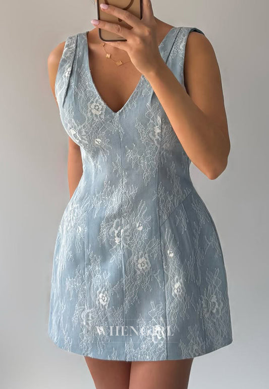 Sky Blue V Neck Sleeveless Sheath Lace Short Homecoming Dress