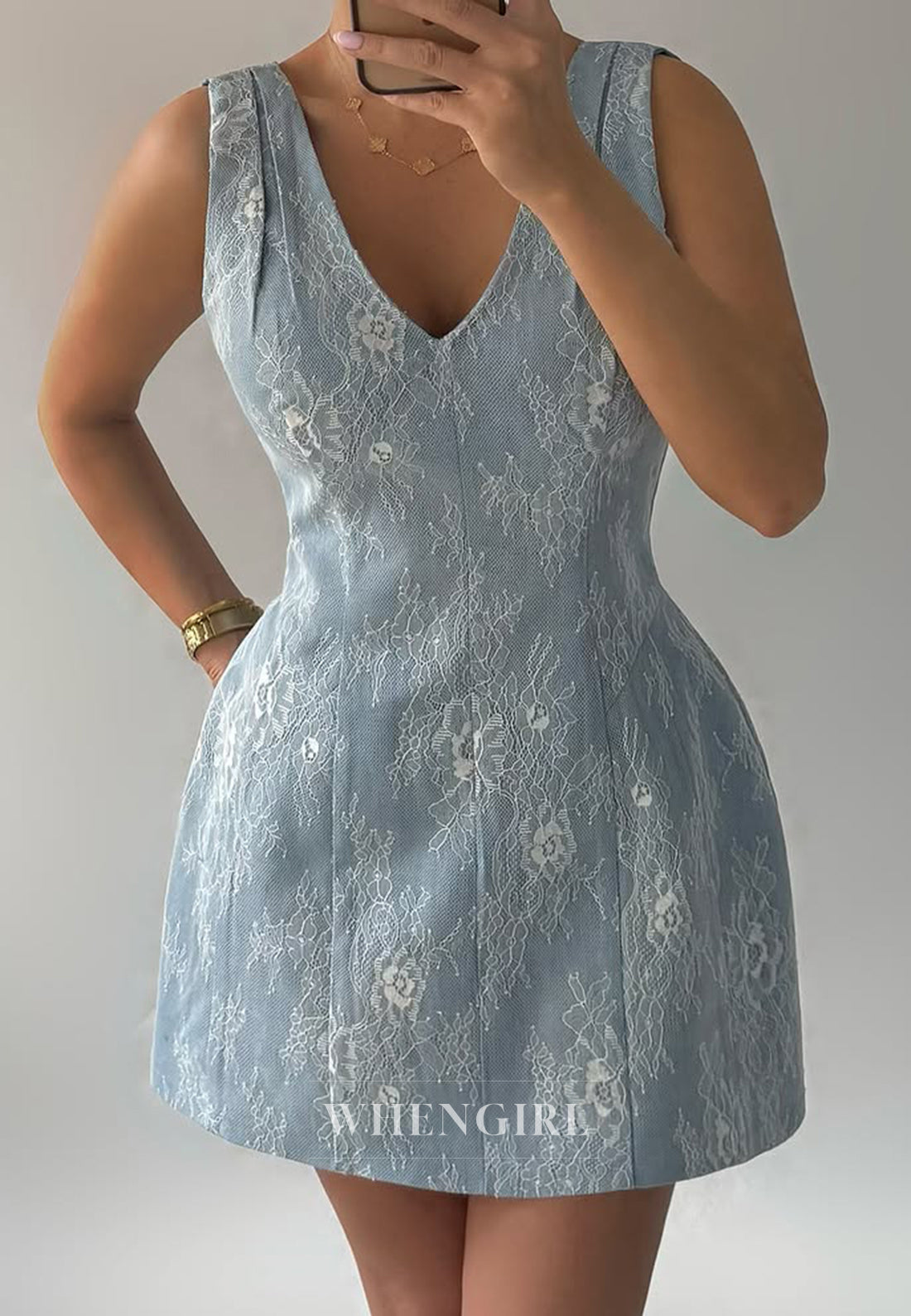 Sky Blue V Neck Sleeveless Sheath Lace Short Homecoming Dress