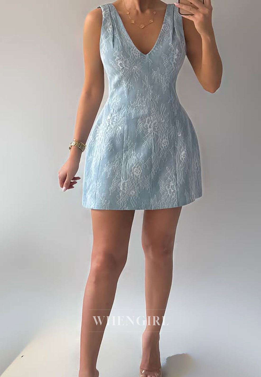 Sky Blue V Neck Sleeveless Sheath Lace Short Homecoming Dress