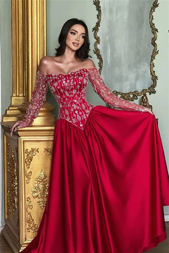 Romantic Red Off-The-Shoulder Long Sleeves Satin Prom Dresses A-Line Beads With Pleats