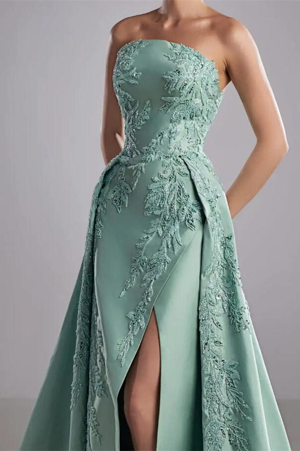 Romantic Tiffany Strapless Sleeveless A-Line Prom Dresses High Split Appliques With Zipper